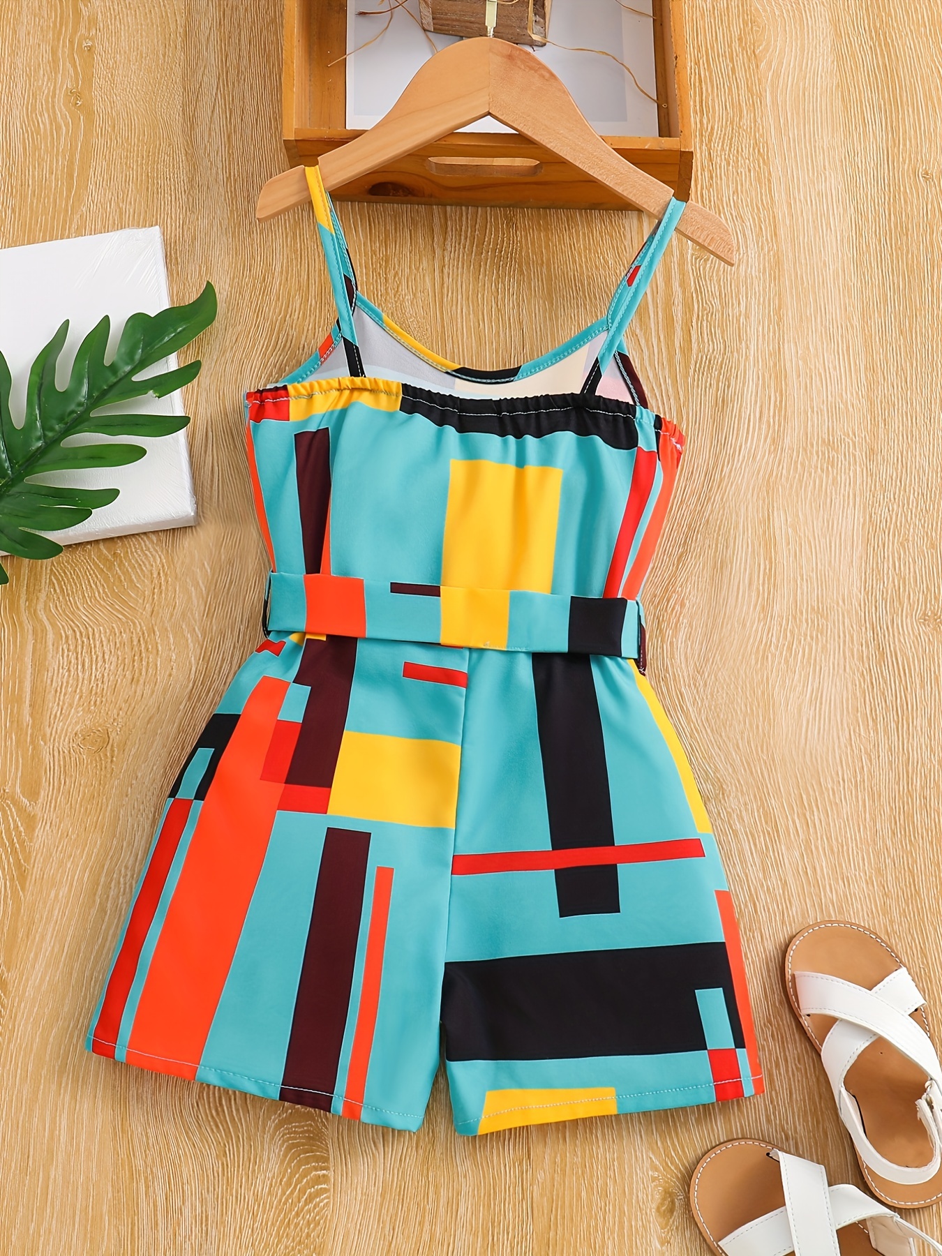 Girls Cami Romper Block Geometry Print Jumpsuit With Belt
