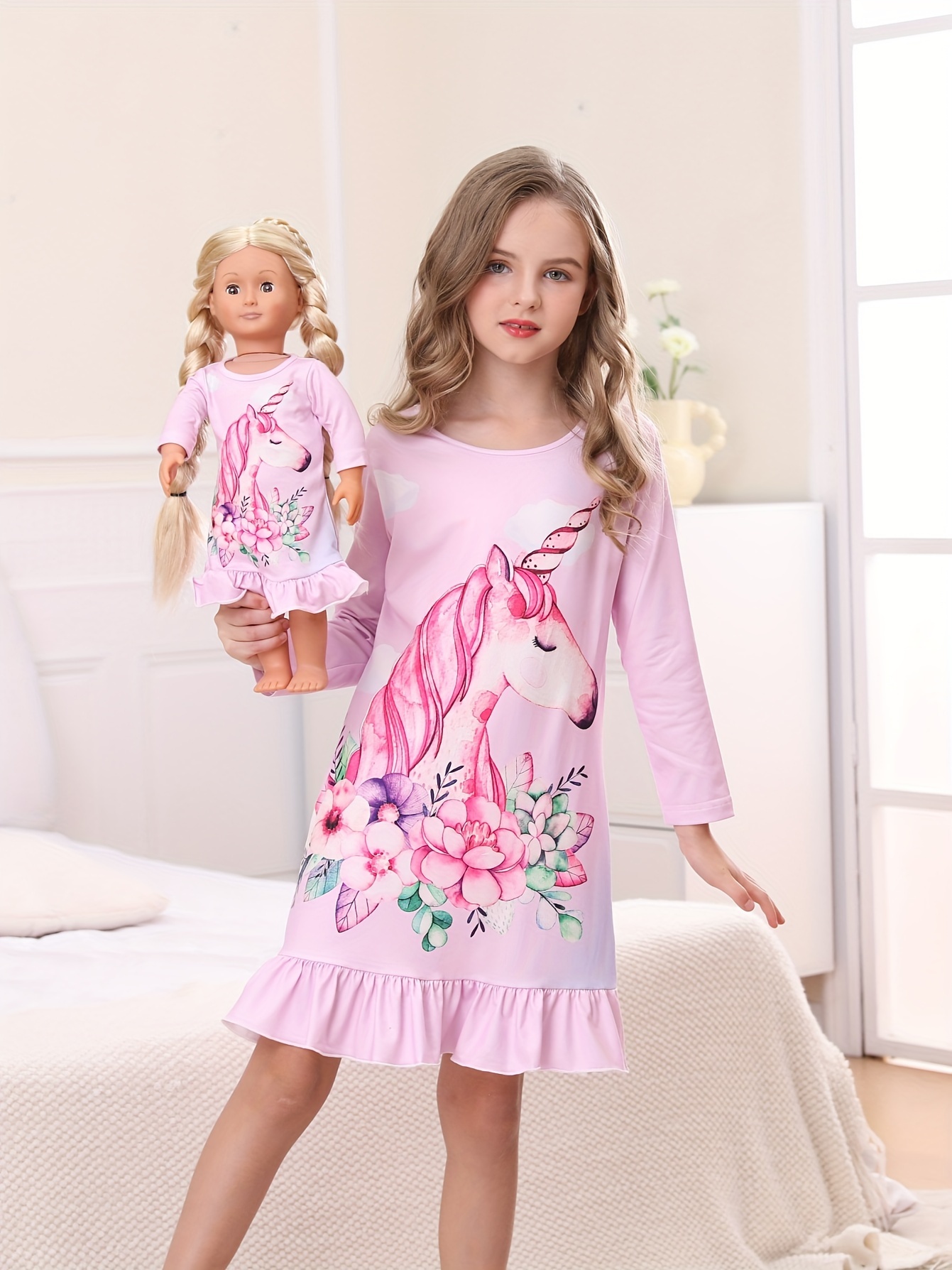 Vestidos de dormir para meninas, vestidos infantis e roupas de dormir  combinando com 18 polegadas, conjunto de pijamas de bonecas para meninas -  Temu Portugal