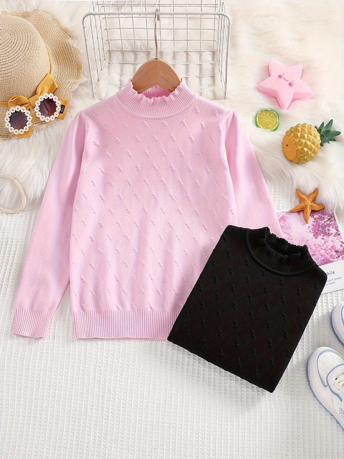 Girls Elegant Frill Collar Knit Sweater, Mock Neck Solid Knit Pullover Tops  For Winter Fall