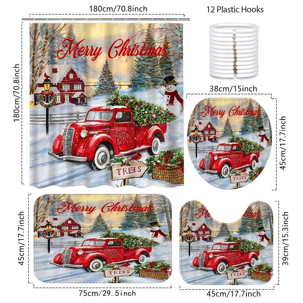 Red Truck Christmas Shower Curtain Set: Waterproof Curtains with Hooks