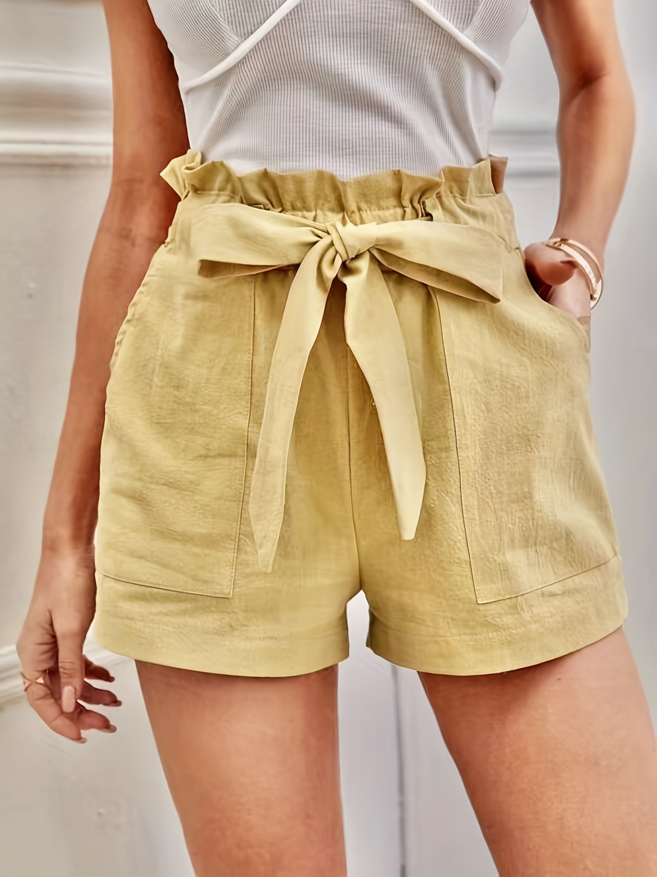 Ruffle Trim Tie Front Shorts, Casual Shorts For Spring & Summer