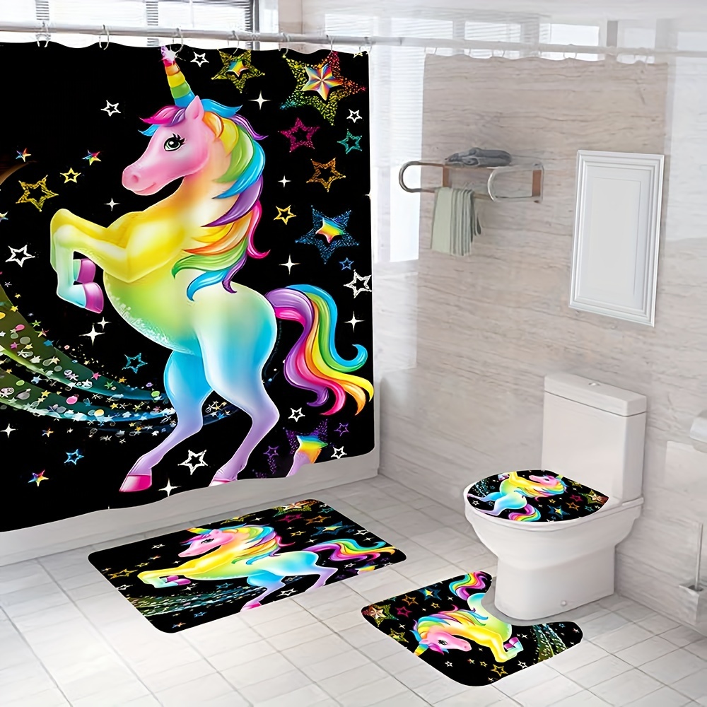 Shower Curtain Set Rainbow Unicorn Pattern Waterproof Shower - Temu