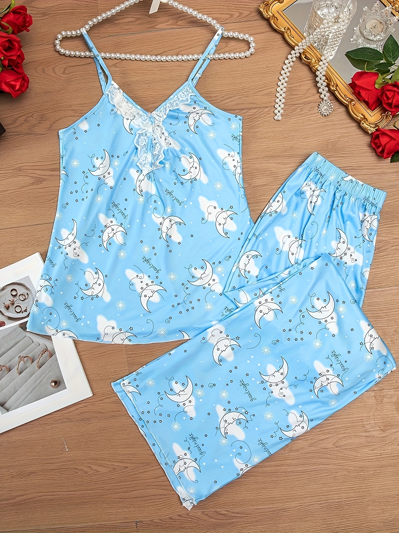 Cute Moon Print Pajamas, Comfy Cami Top & Elastic Waistband Shorts, Women's  Loungewear & Sleepwear