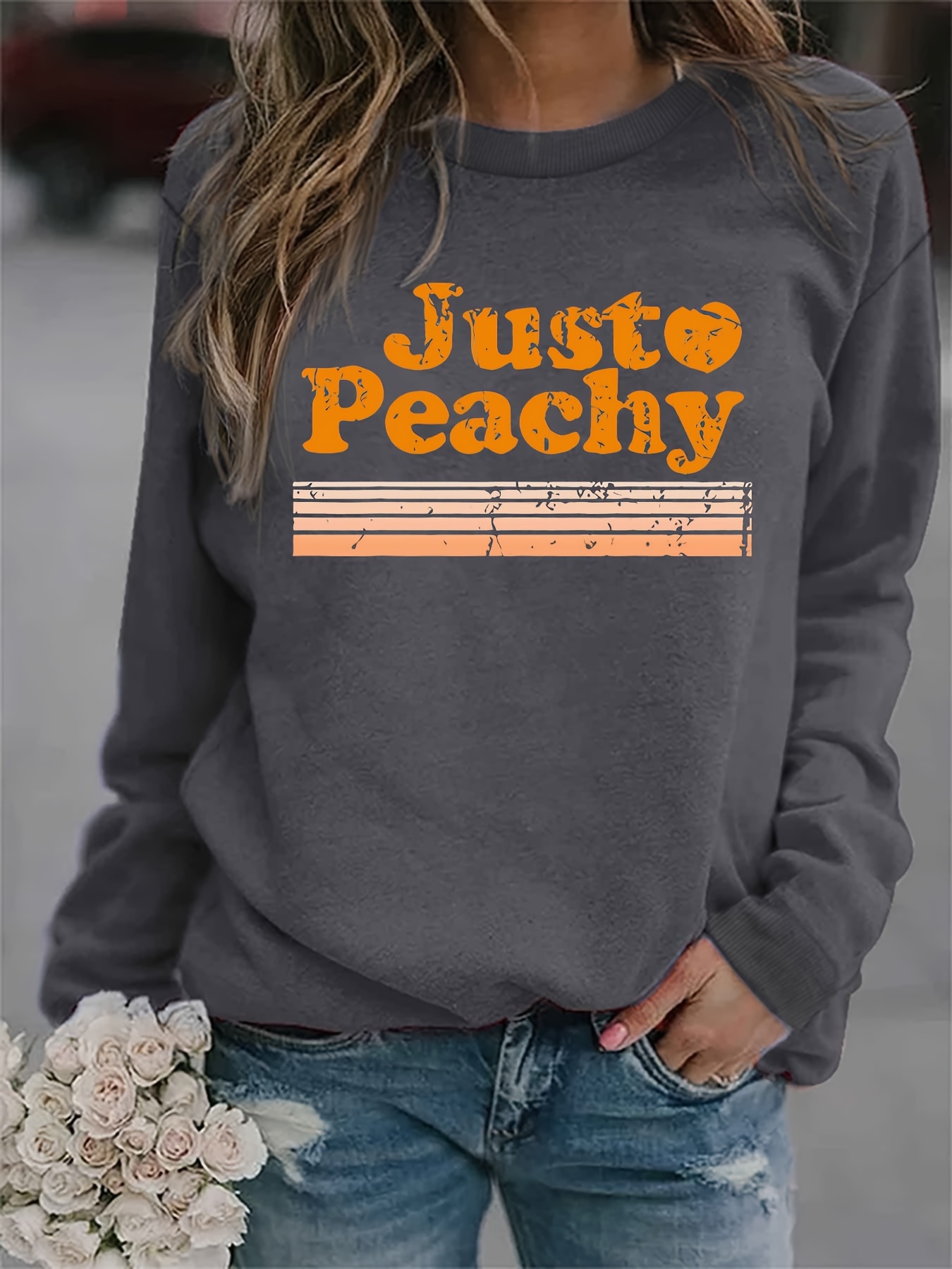 Just Peachy Print Sweatshirt Casual Long Sleeve Crew Neck - Temu