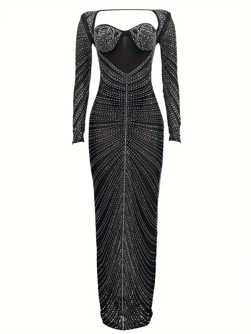 rhinestone see through dress elegant long sleeve backless floor length bodycon dress for party banquet womens clothing details 2
