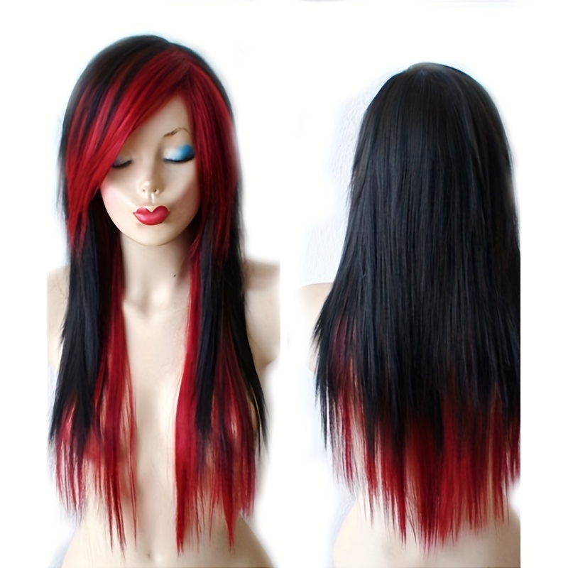Synthetic Hair Long Straight Red Black Wig Side Bangs Heat - Temu