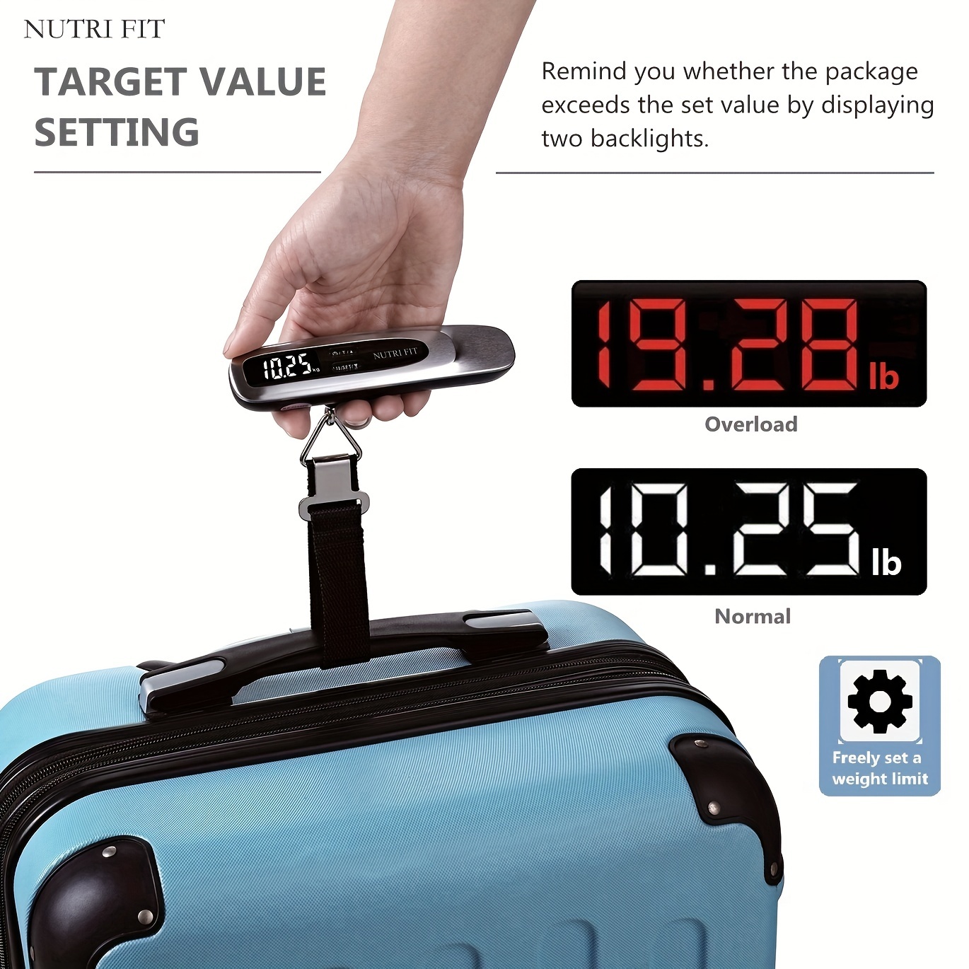  NUTRI FIT Luggage Scale Portable Handheld Baggage Scale with  Hook Heavy Duty Suitcase Scale for Travel,Overweight Alert  Functions,50kg/110lbs,Backlight LCD Display - Black
