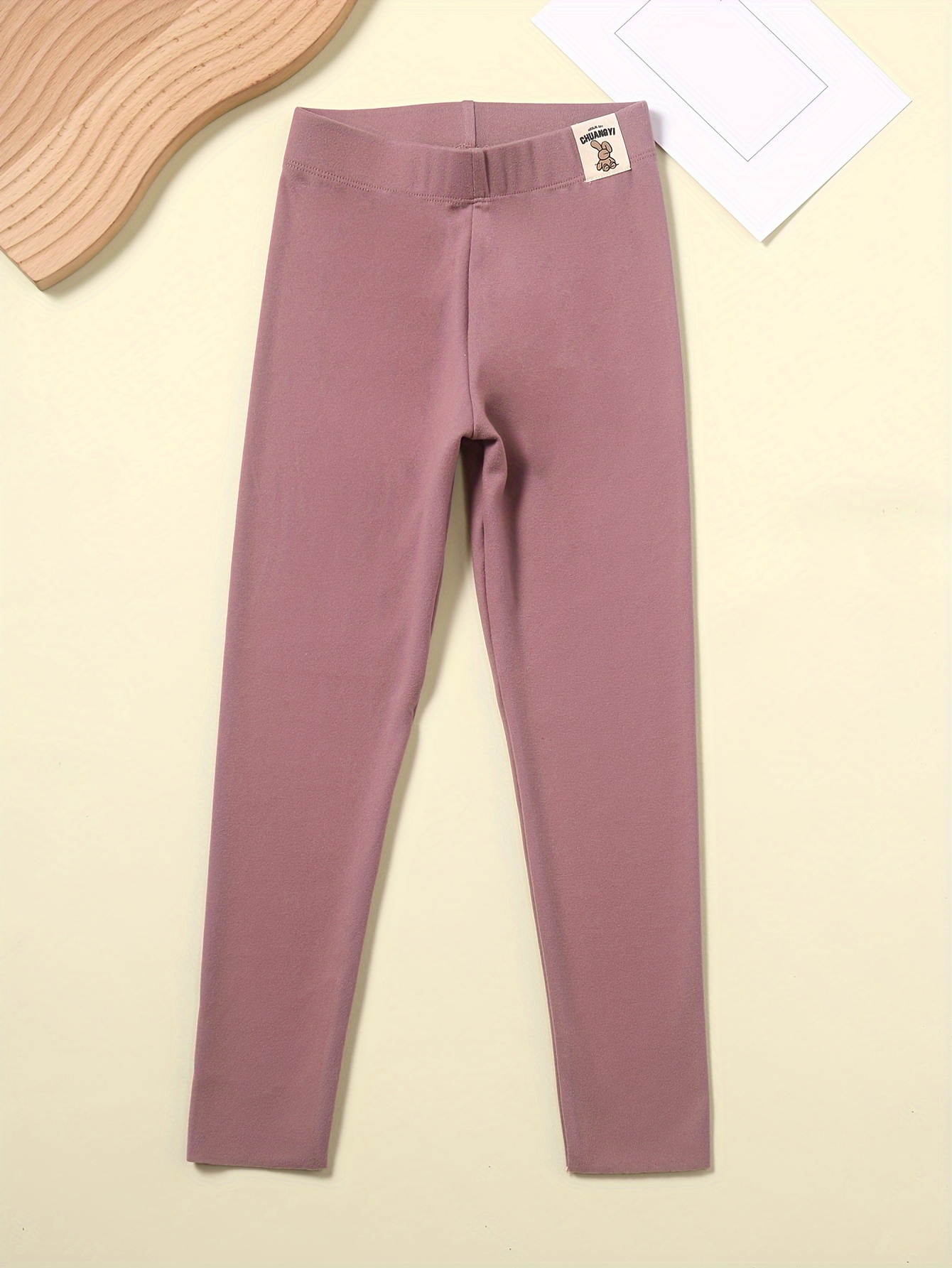 Girl's Bunny Patched Thermal Leggings Solid Color Slim Fit - Temu