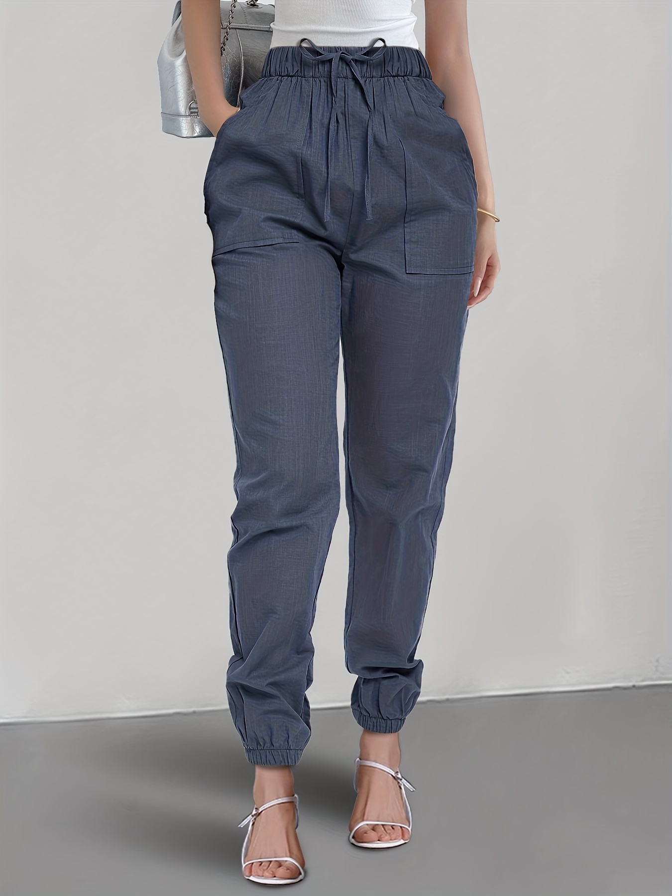 Elastic Waist Capri Pants Casual Solid Pants Fro Spring - Temu Austria