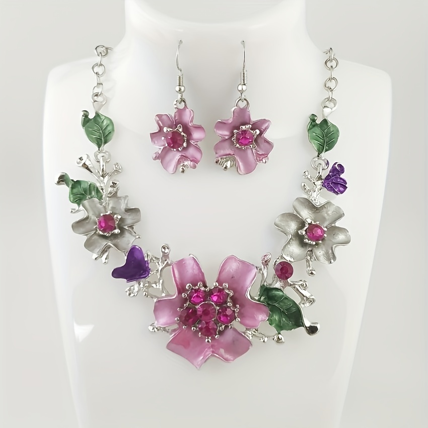 1 pair of earrings 1 necklace elegant jewelry set pink flower with gree leaves perfect decor for summer vacation sweet gift for girls 0