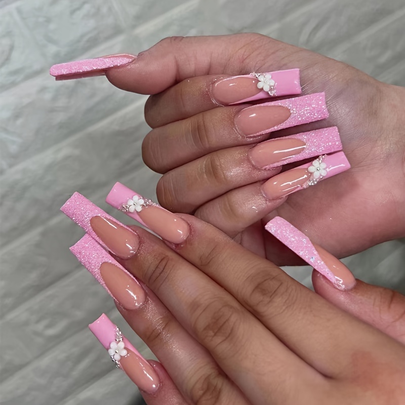 Pink Press On Nails Coffin, Medium Length Press Ons, Matte Fake Nails,  Daisy Flowers False Nails, 24PCS Acrylic Nails Press On Full Cover False  Nail Tips 