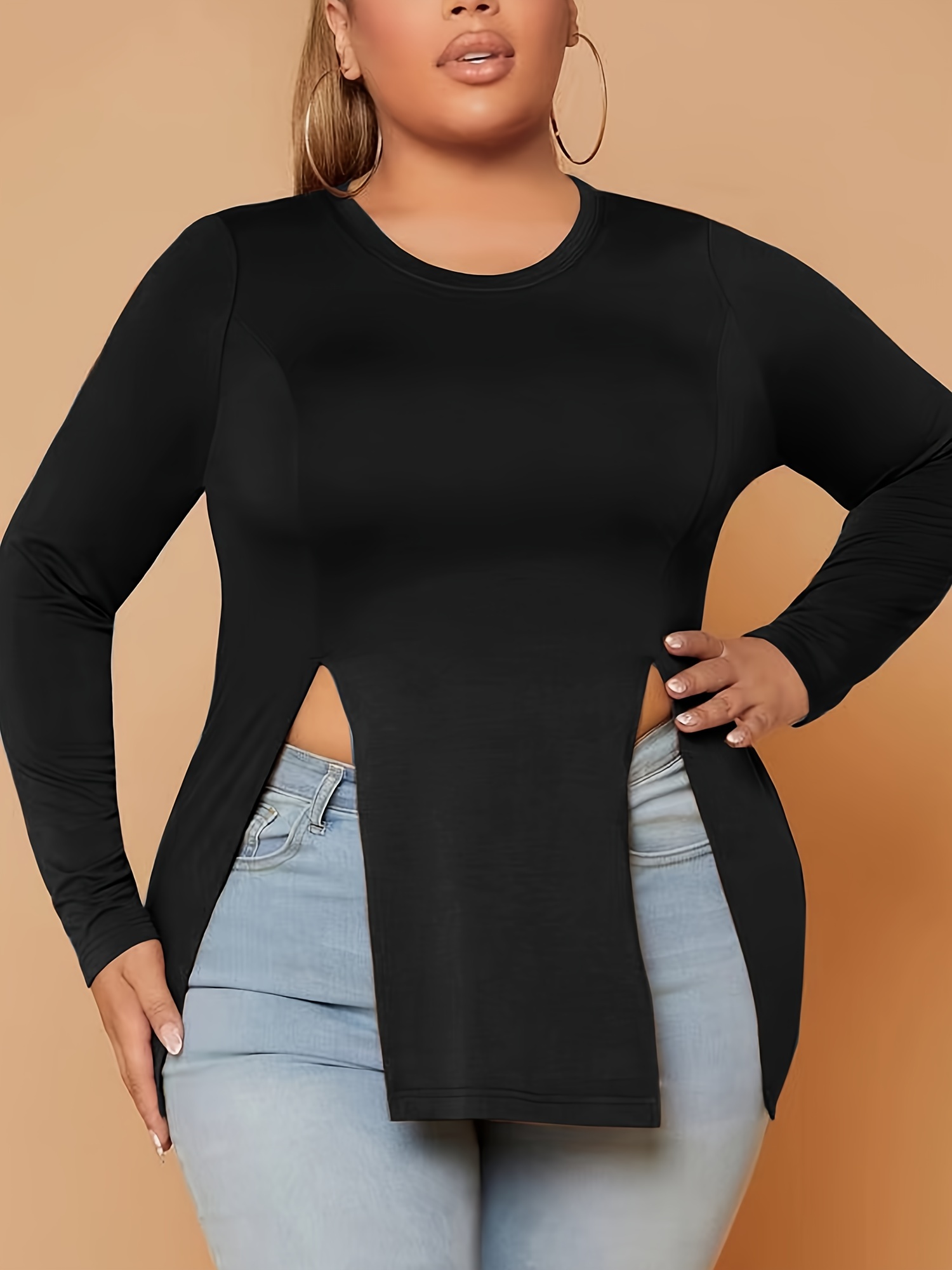 Plus Size Solid V Neck Irregular Hem T-shirt, Women's Plus Slight Stretch  Sexy Tops