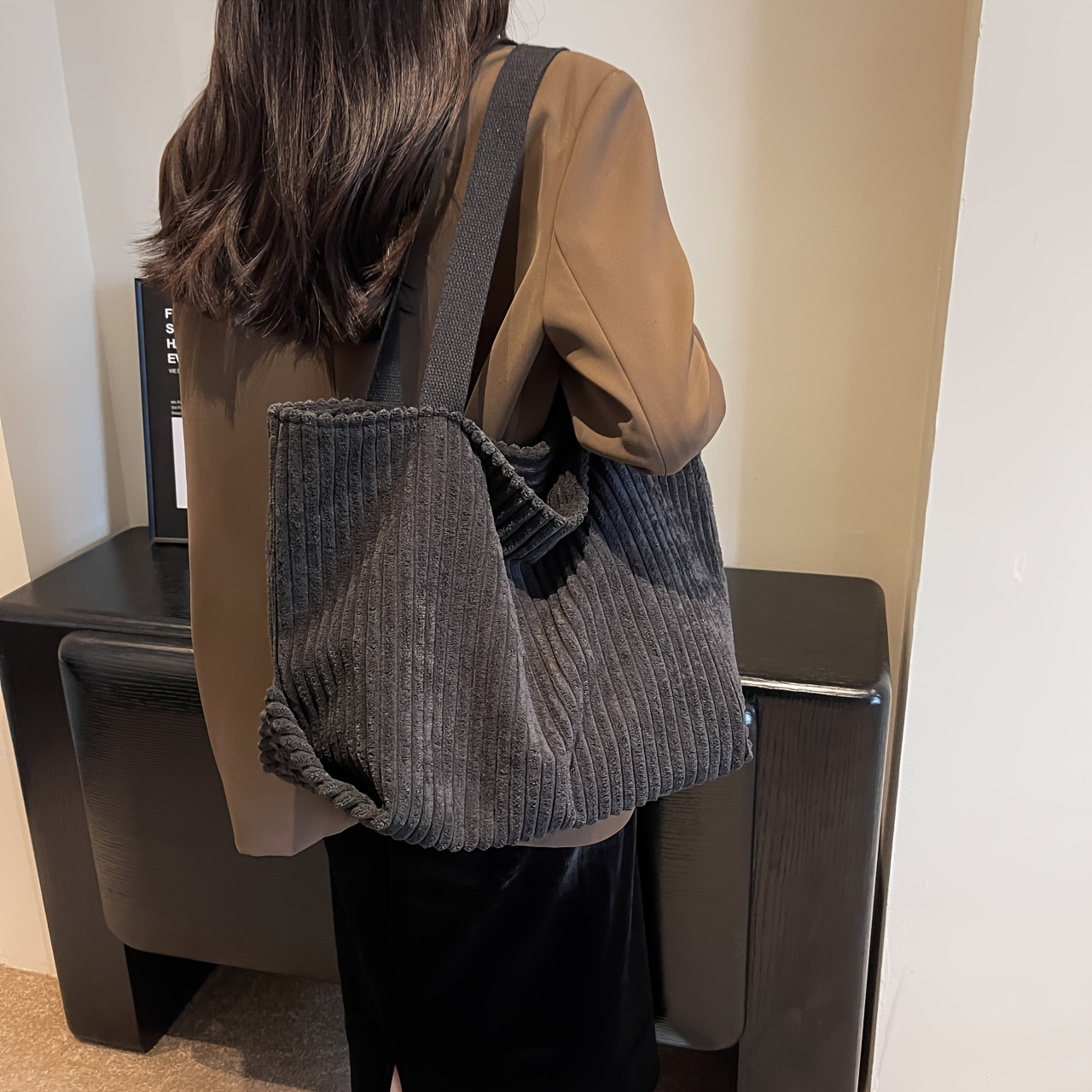 

Women's Corduroy Tote Bag, Large Capacity Casual Shoulder Bag, Versatile Minimalist Commuter Bag For Women