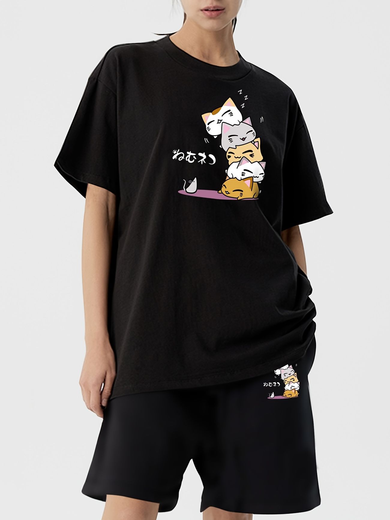 Cute Cartoon Cat Print Two Piece Set Crew Neck Short Sleeve Anime T Shirt  Loose Summer Shorts Set Women's Clothing - Clothing, Shoes & Jewelry - Temu