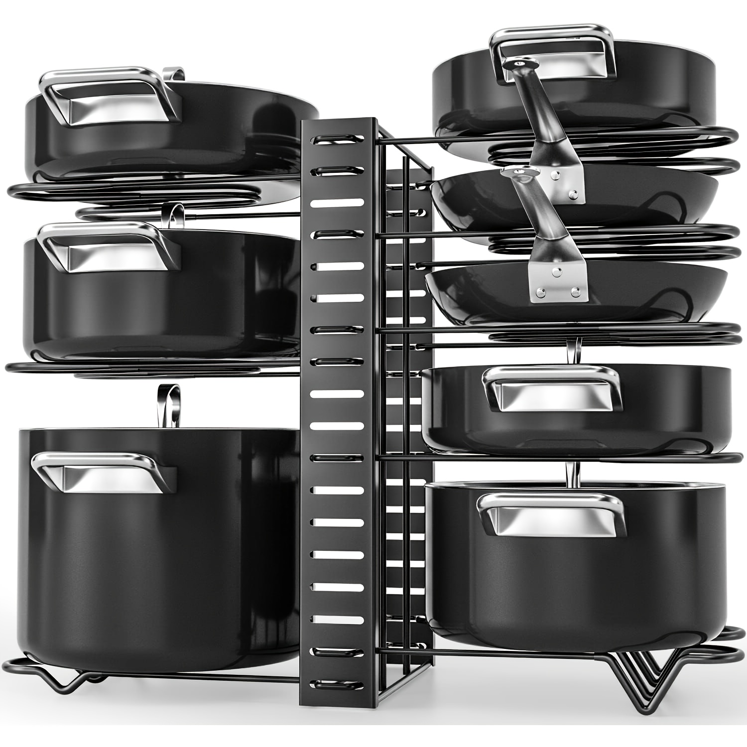 XSUPER Organizador de ollas y sartenes ajustable de 8 niveles para  gabinete, negro, metal