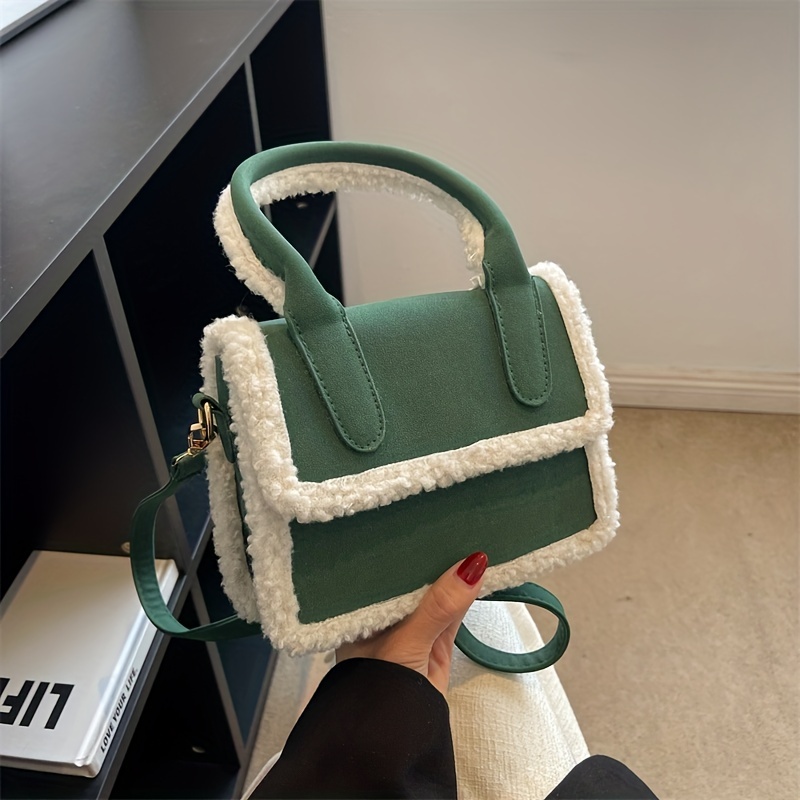 Minimalist Plush Square Satchel Bag Classic Flap Handbag