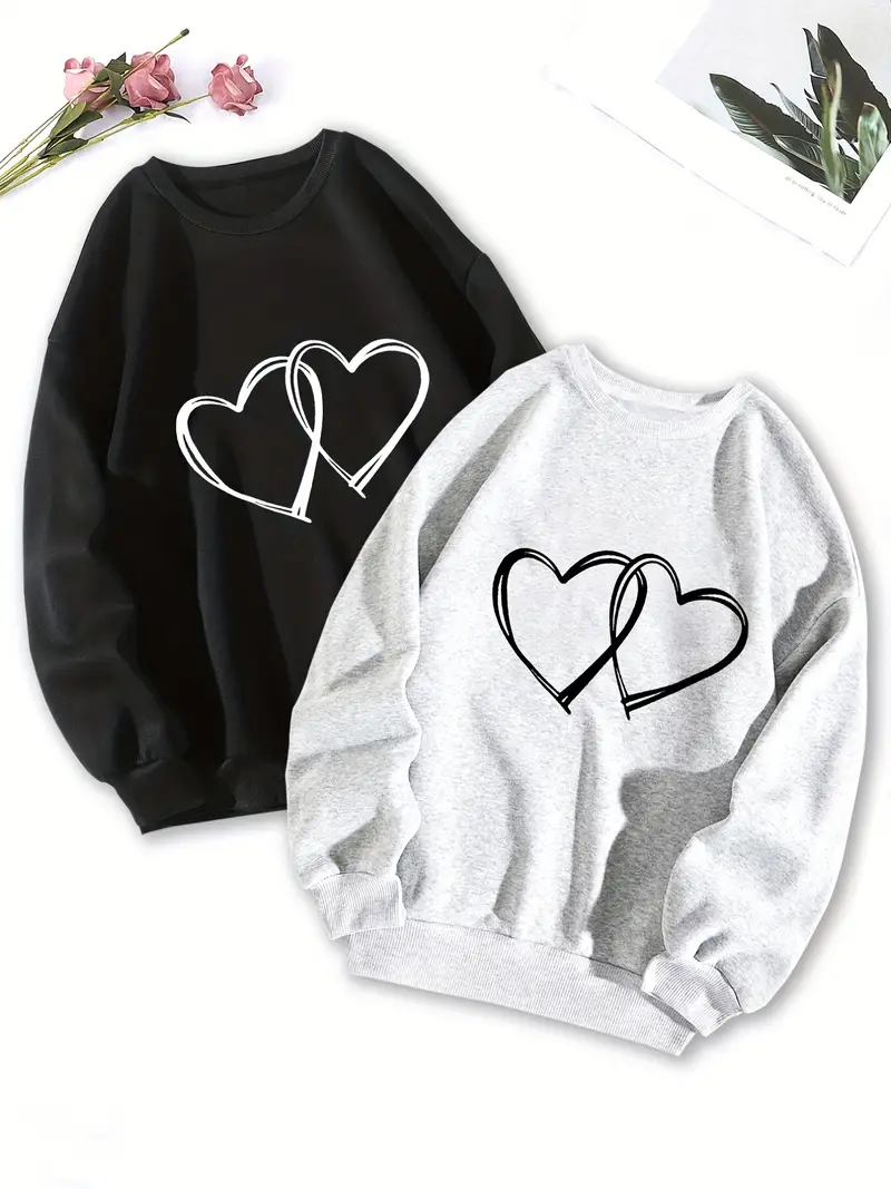 Double Hearts Print Sweatshirt Cute Long Sleeve Crew Neck - Temu