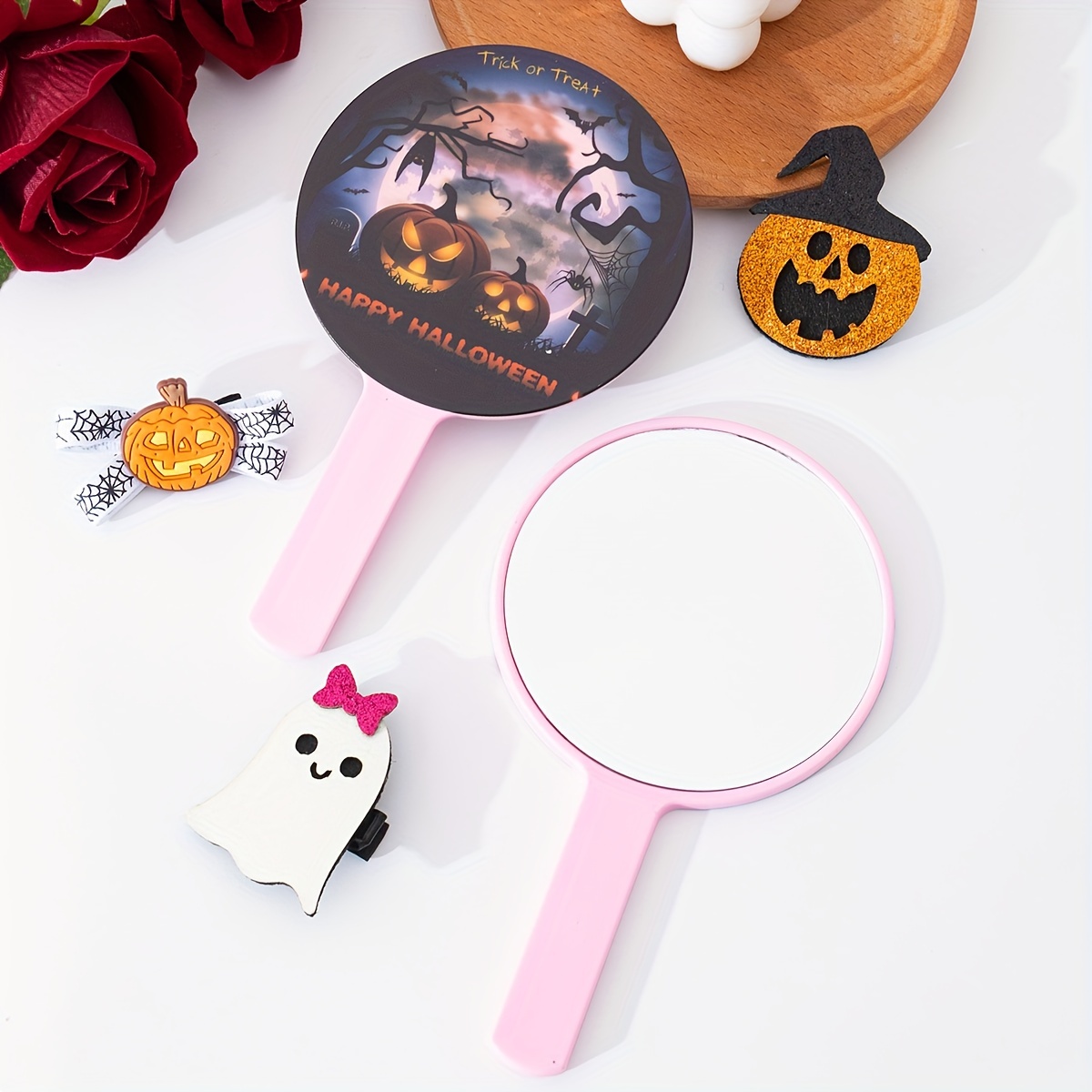 Pumpkin & Bat Pattern Hand Mirror Small Round Vanity Mirror