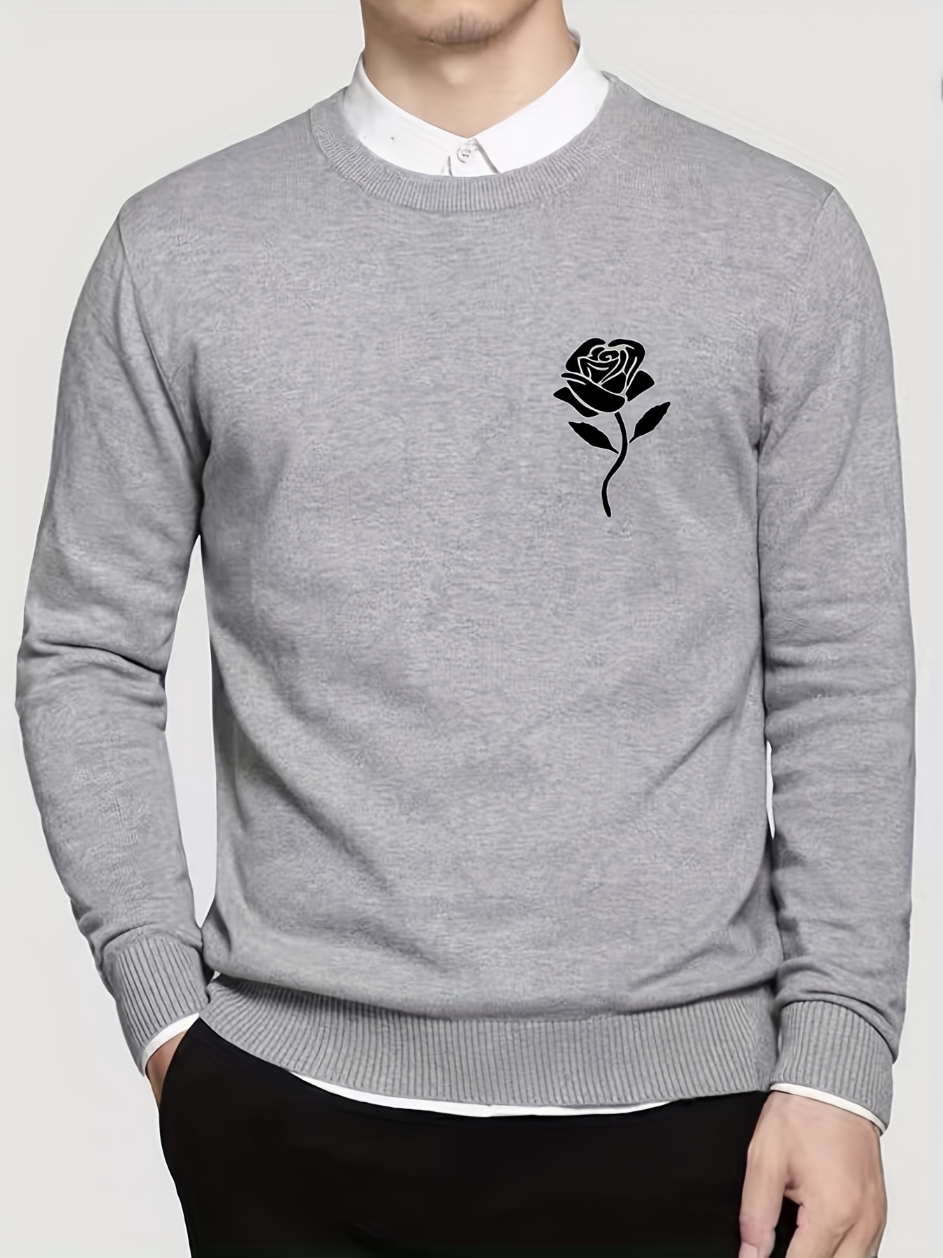 Rose Print Men s Crew Neck Long Sleeve Sweater Casual Wear Temu