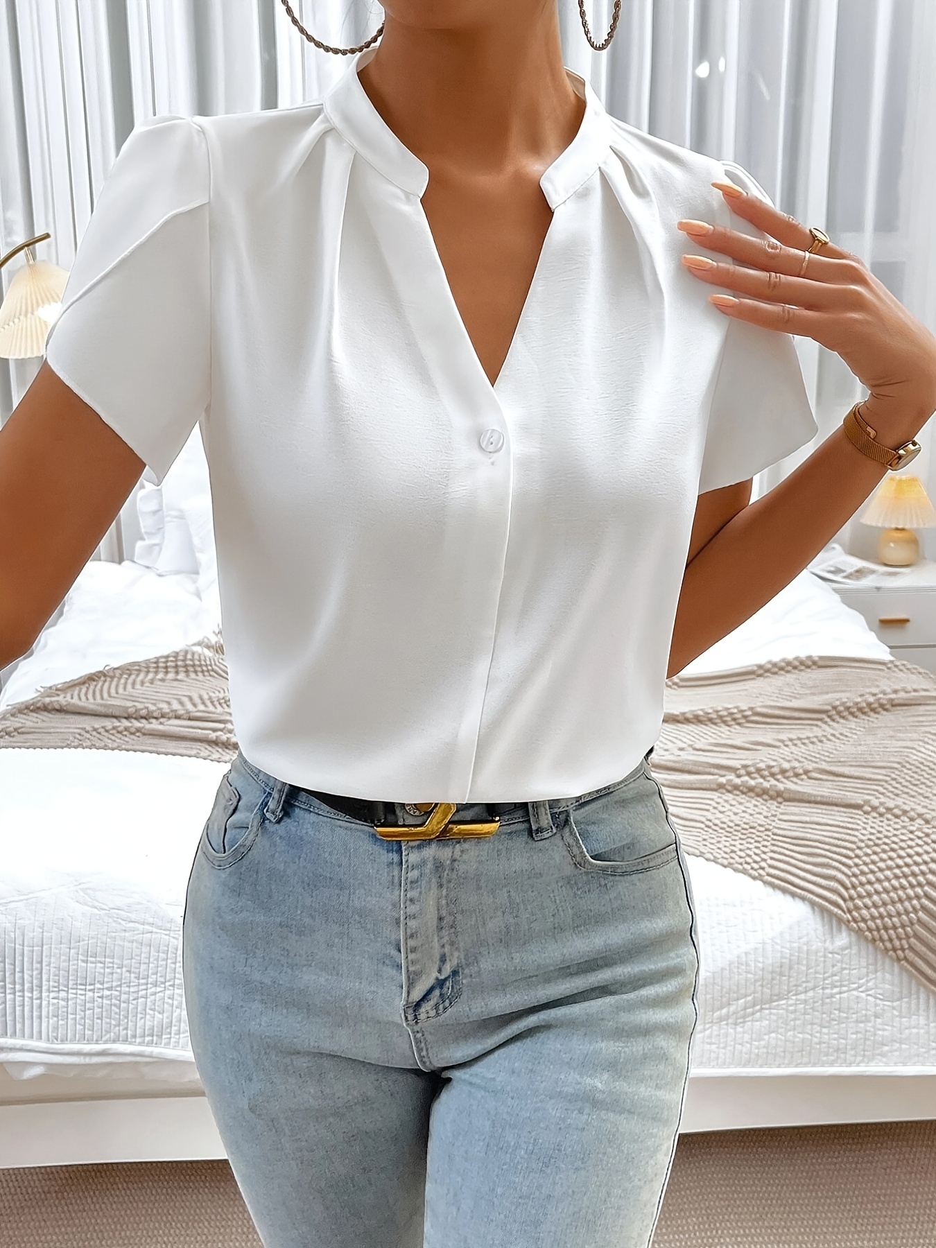 Blusa elegante de tamanho camisa de botão de - Temu Portugal