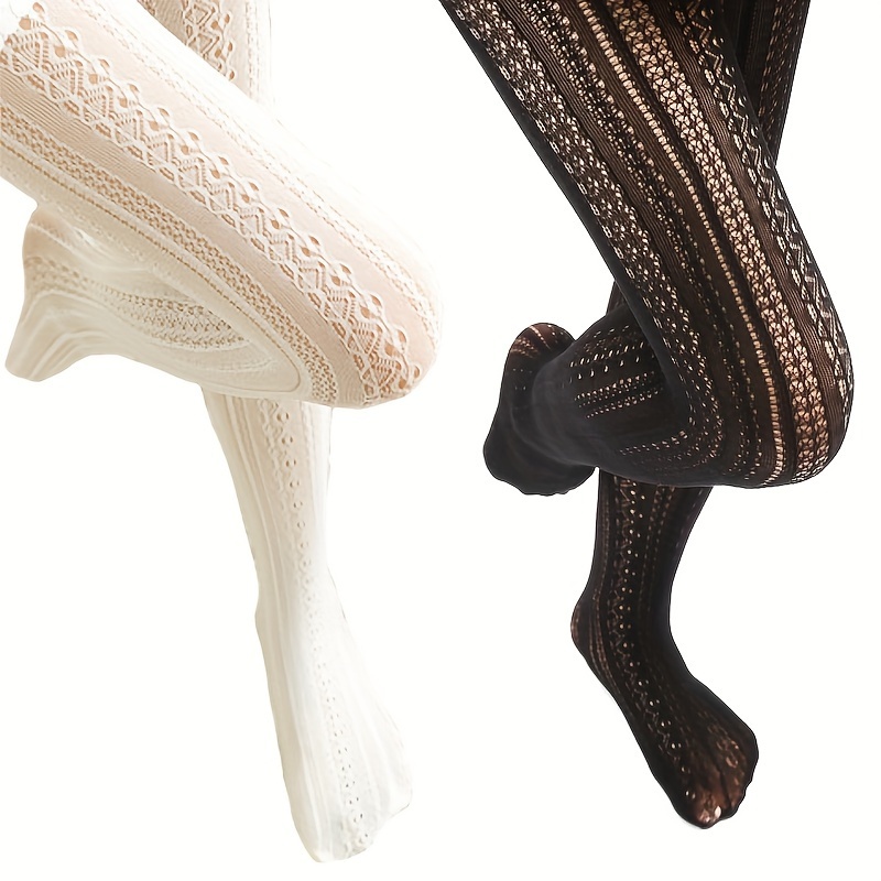 1 Pair Elegant Women's Vintage Lace Tights - Intricate Hollow-Out Design, 100% Polyester, Hand Washable, Sheer White Pantyhose for Sophisticated Style, Lace Trim