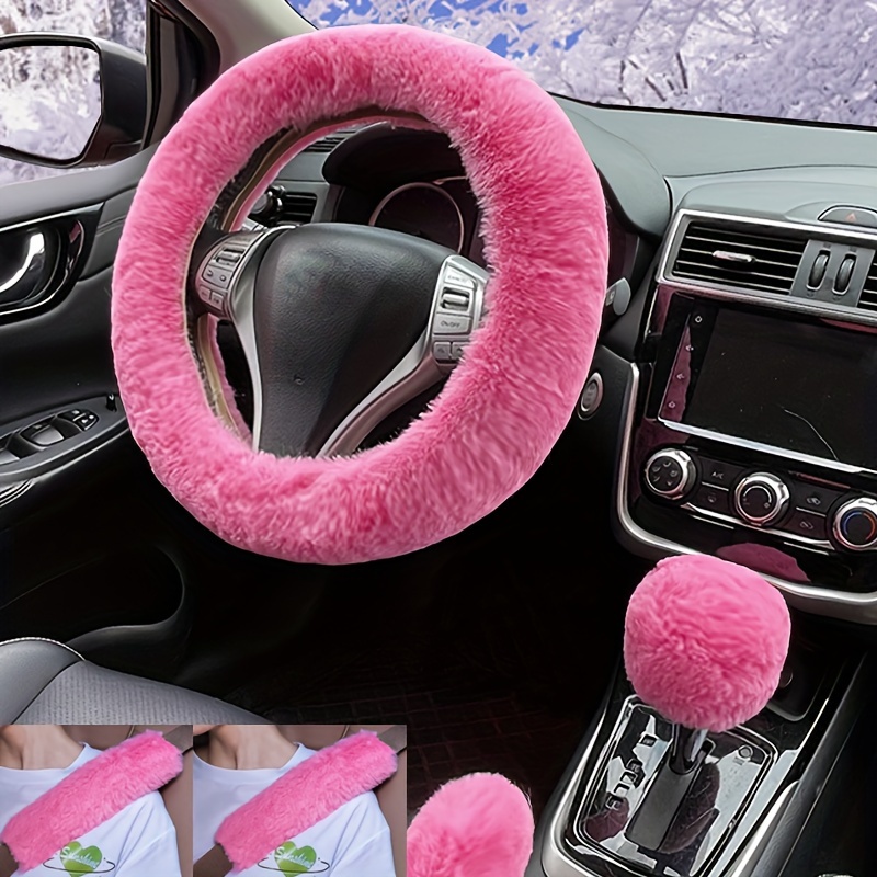 TEMU 5pcs Faux Rabbit Fur Plush Long Hair Steering Wheel Cover Comfortable Warm Fluffy Cover Gear Shift Cover Suitable For Cars/suvs