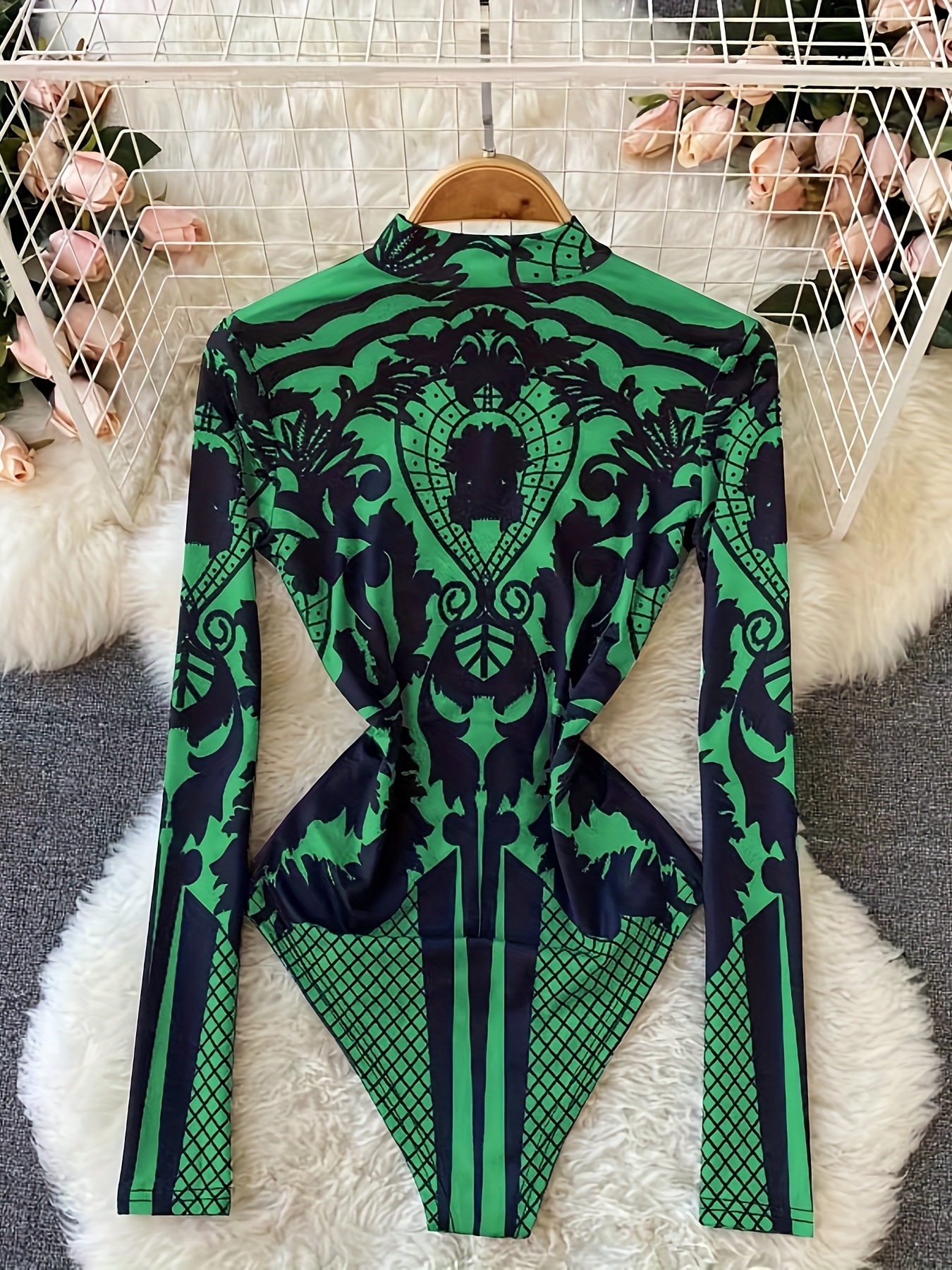 Graphic Print Mock Neck Bodysuit Vintage Long Sleeve One - Temu