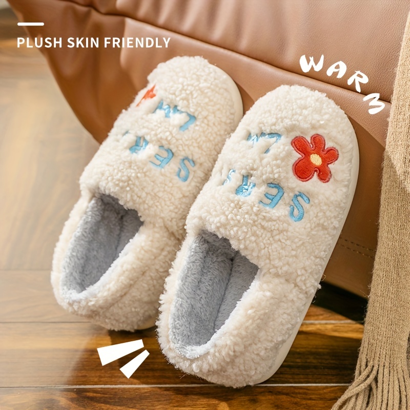 Women's Fluffy Slides with Letters Embroidered Fuzzy Slide Slippers