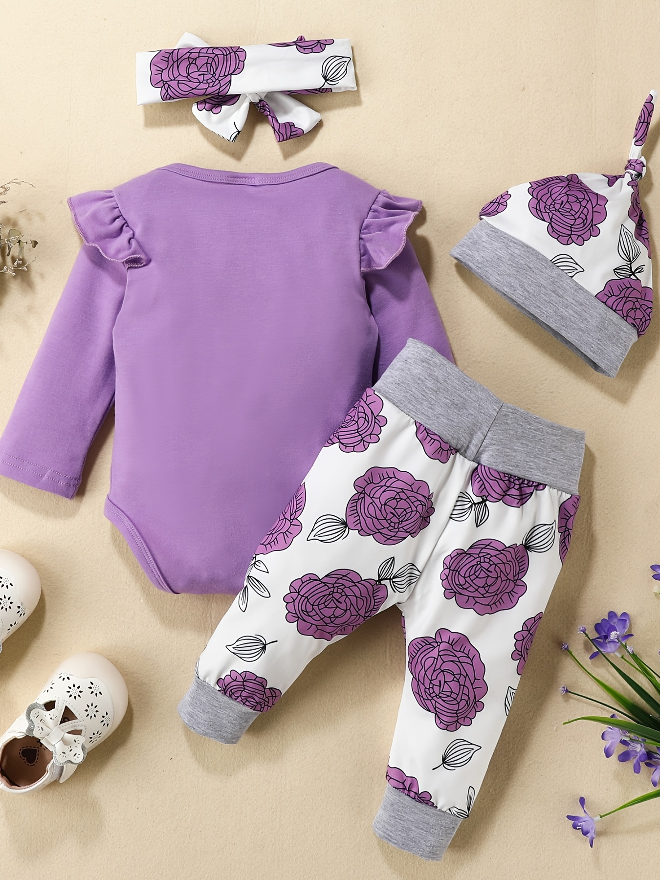Ribbed 3pcs Floral Print Long-sleeve Purple Baby Set