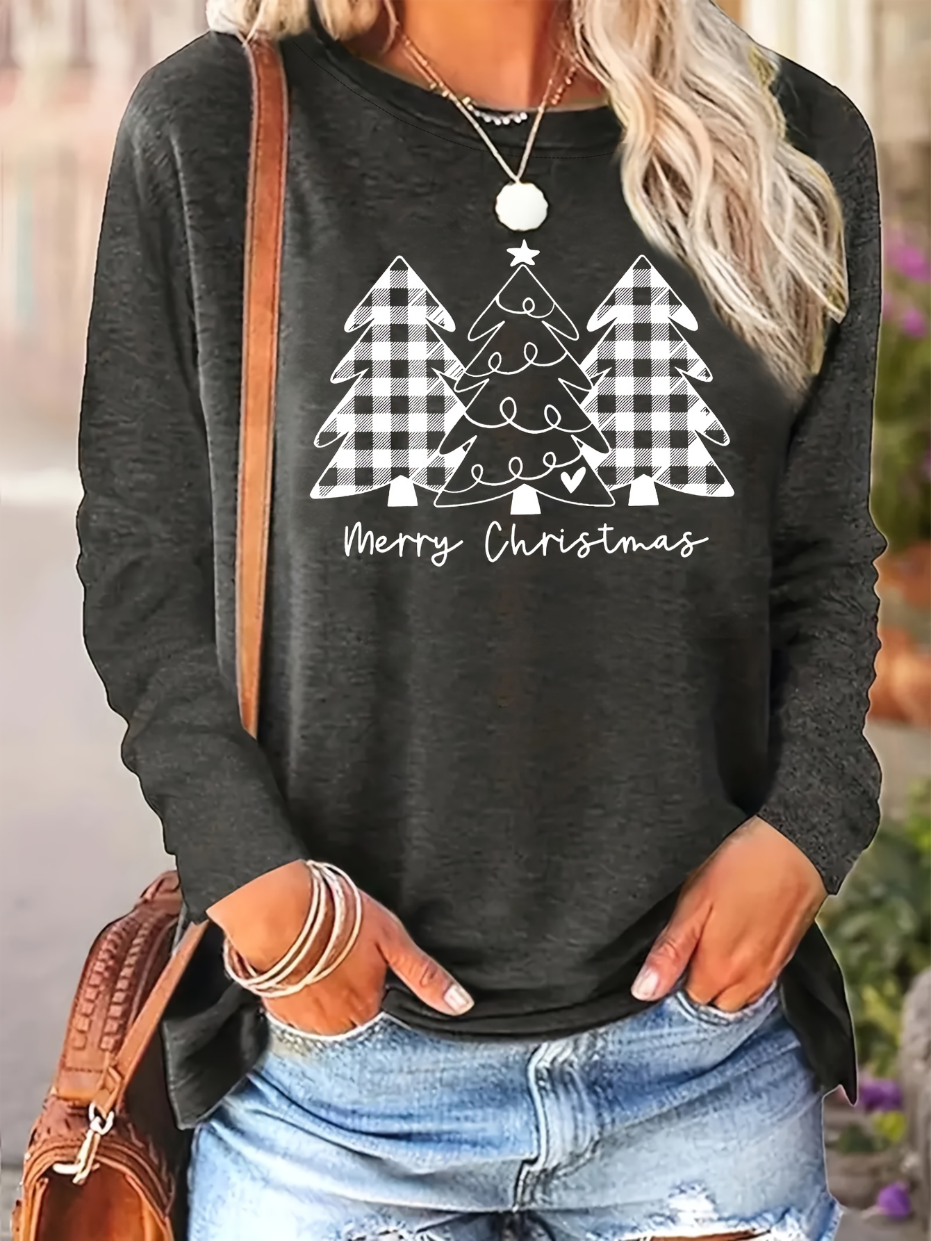 Christmas Tree Print Crew Neck T-shirt, Casual Long Sleeve Top For