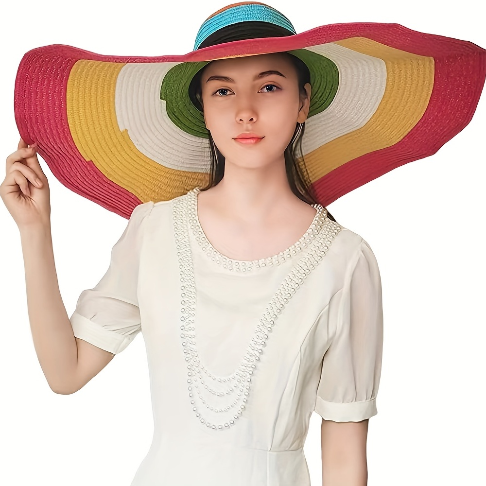 Women's Rainbow Straw Sun Hat Large Brim Ultimate Sun - Temu