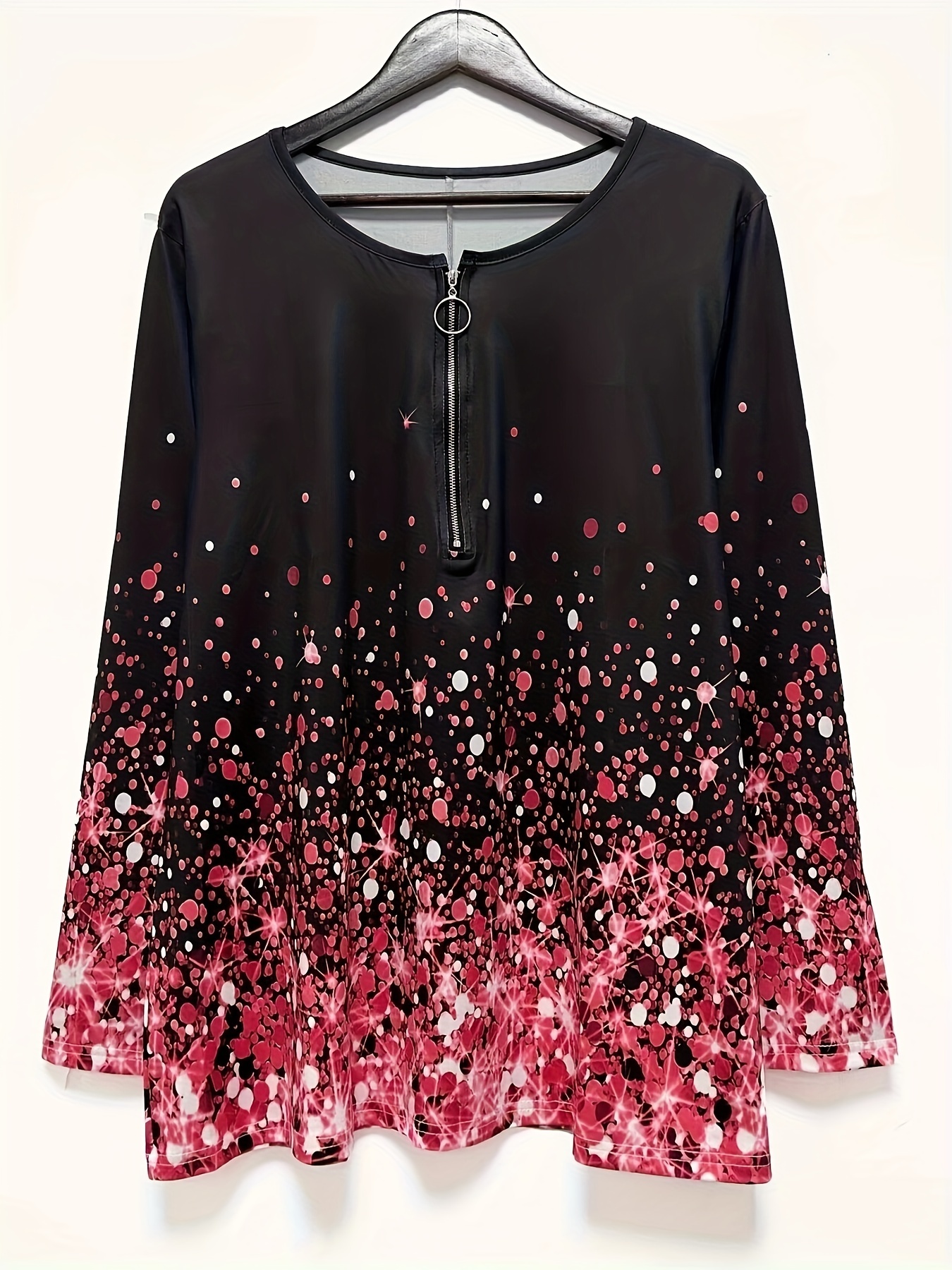 sequin print zip front t shirt casual long sleeve top for spring fall womens clothing