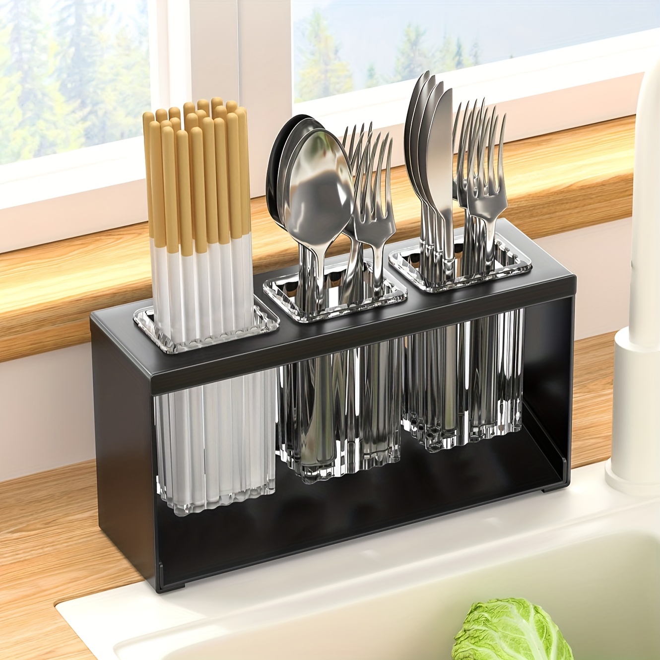 

1pc Multifunctional Drain Rack With Built-in Drainage Storage Box, Household Chopstick Tube, Kitchen Tableware Storage Rack, Knife, Fork And Spoon Storage Rack