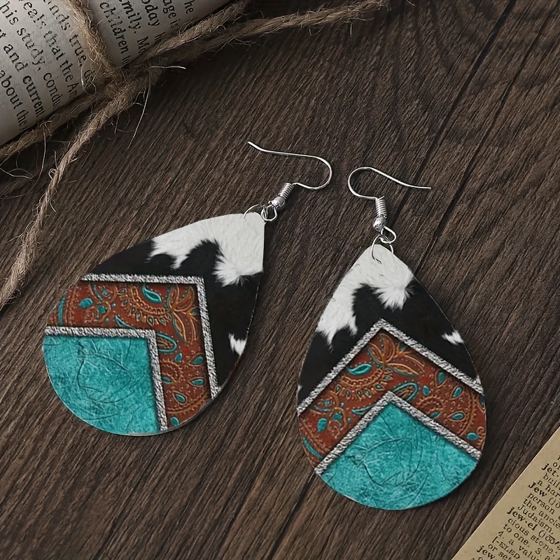 Bohemian Pattern Leather Earrings Teardrop Dangle Earrings