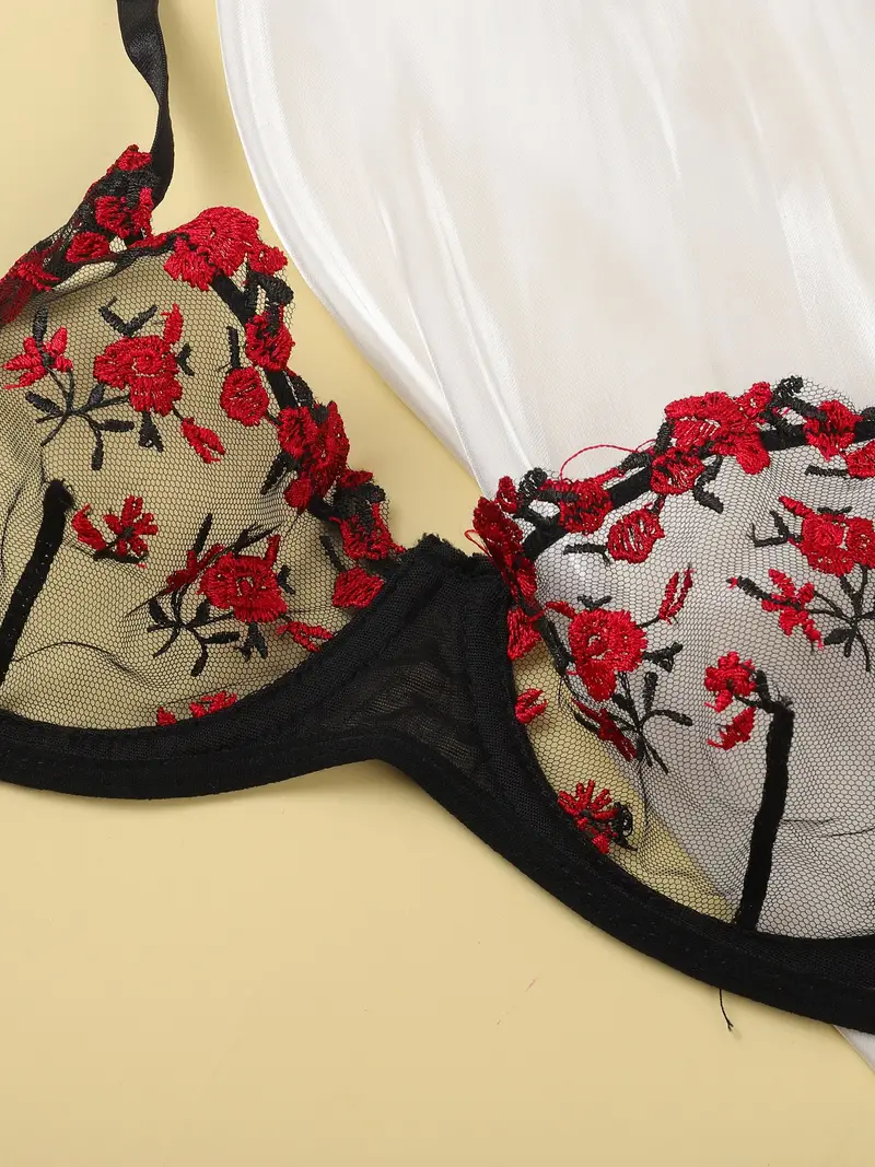 floral embroidery lingerie set mesh unlined bra thong womens sexy lingerie underwear details 10