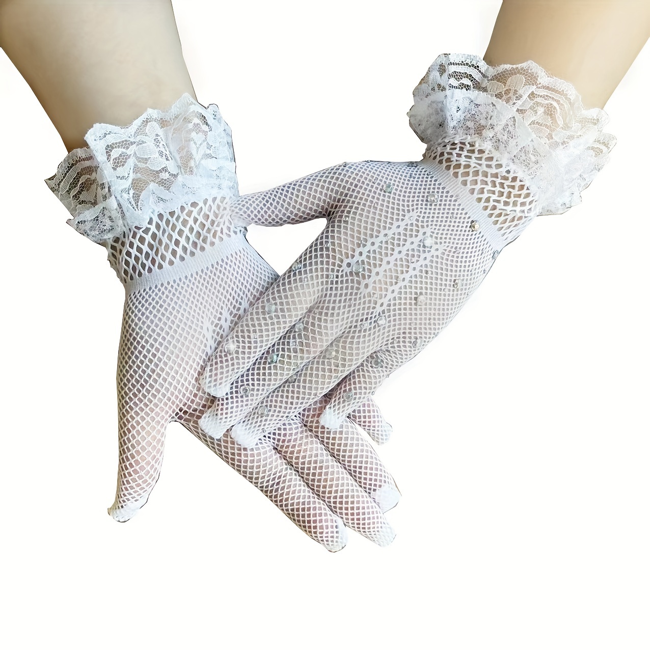 Imitation Diamond Fishing Net Gloves Short Black White - Temu