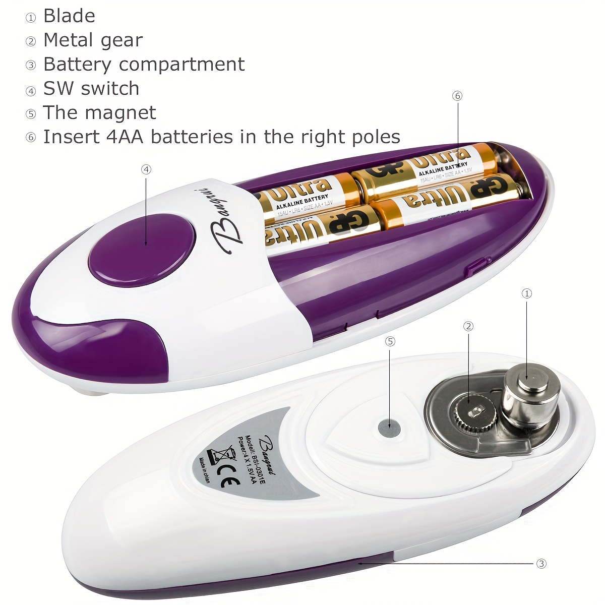 1pc Battery Operated Can Opener With 2 Aa Batteries, Automatic