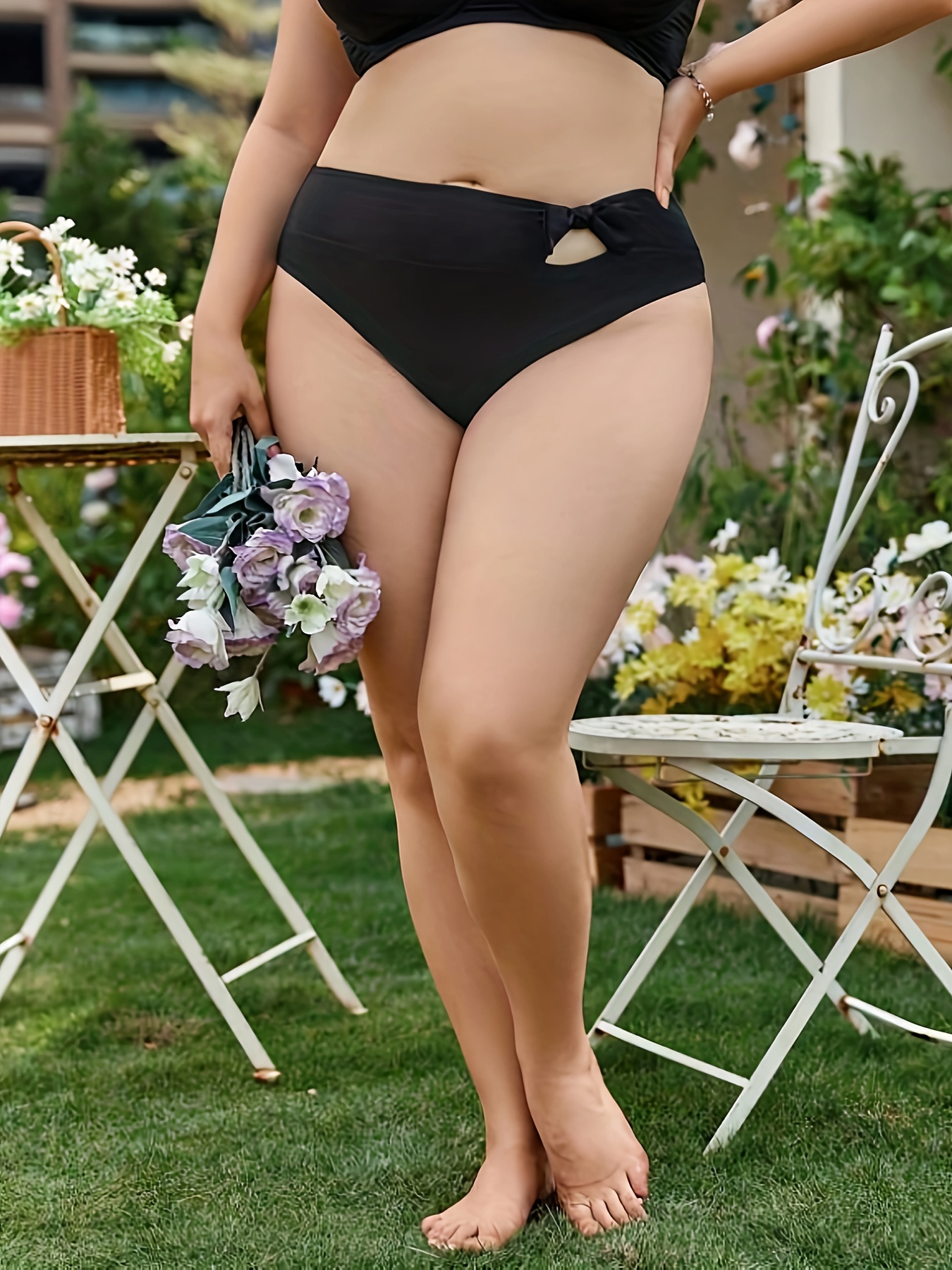 Plus Size Elegant Bikini Bottoms, Women's Plus Solid Cut-out Bow Front High  Waisted Beach Panty