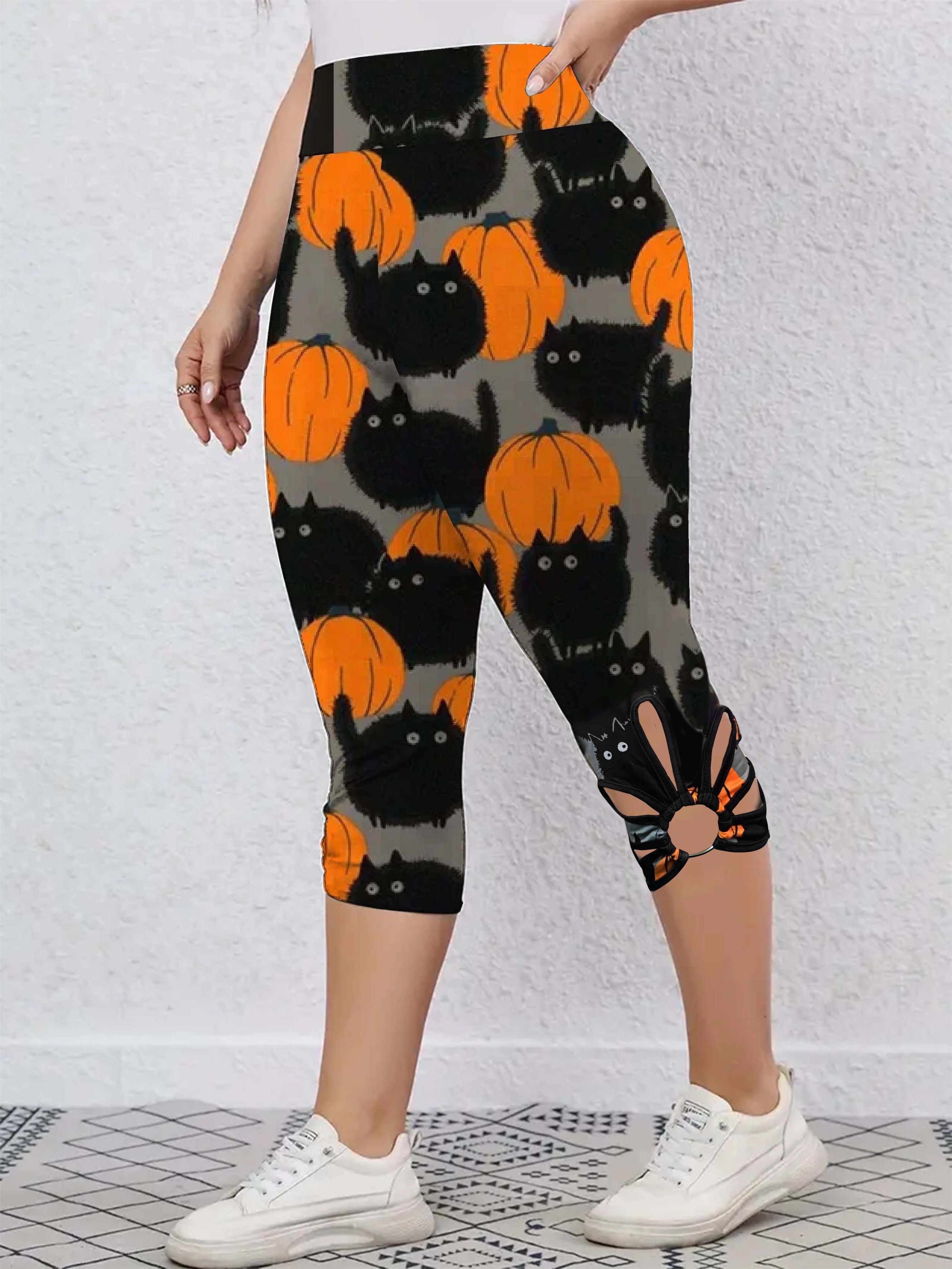 Plus Size Halloween Capri Leggings Women's Plus Allover Cat - Temu