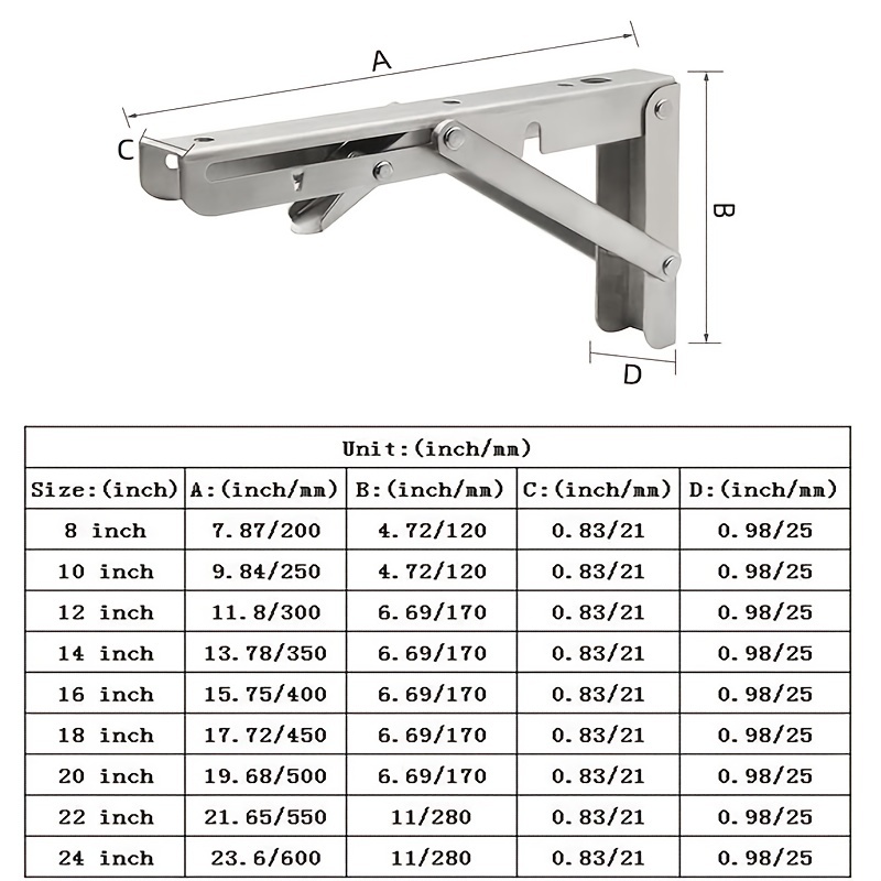 Folding Shelf Brackets - Heavy Duty Stainless Steel Collapsible Shelf  Bracket for Bench Table, Space Saving DIY Bracket, Max Load: 550lb （Long  :16” 