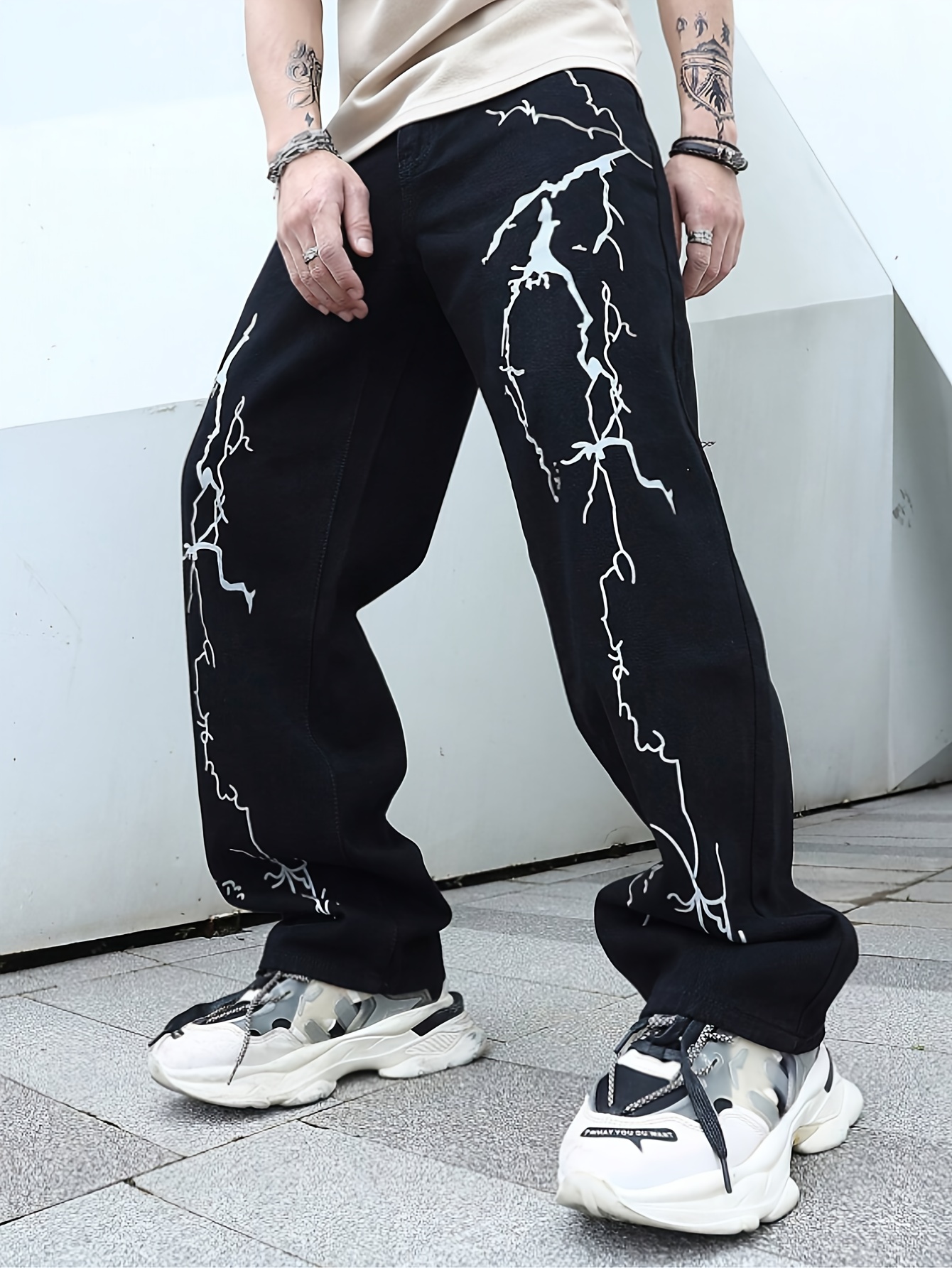 Y2k Men's Portrait Embroidery Jeans, Casual Street Style Denim Pants
