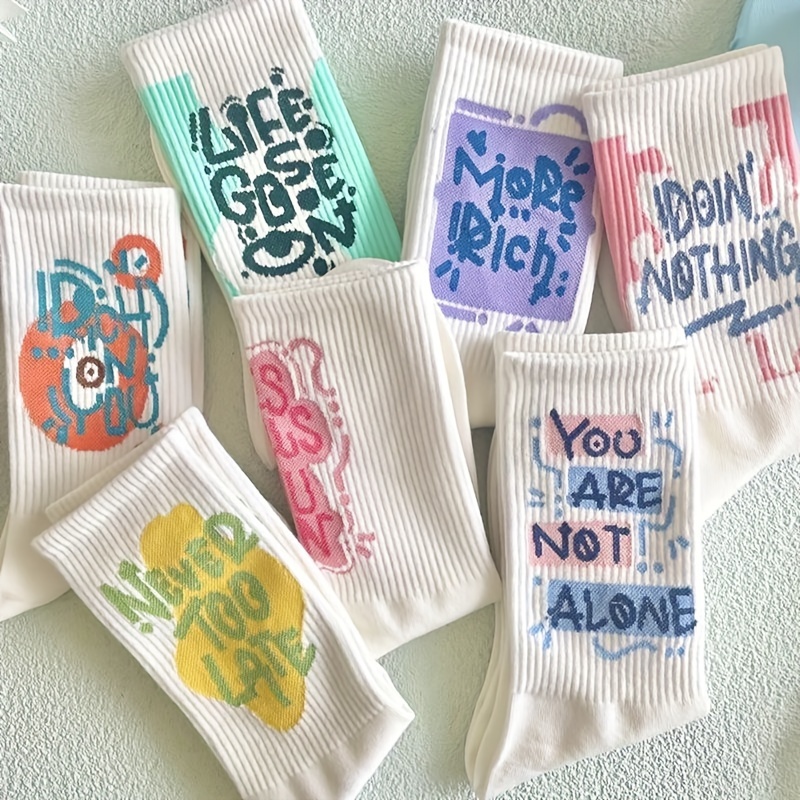 

7 Pairs Letter Print Socks, Comfy & Breathable Mid Tube Socks, Women's Stockings & Hosiery