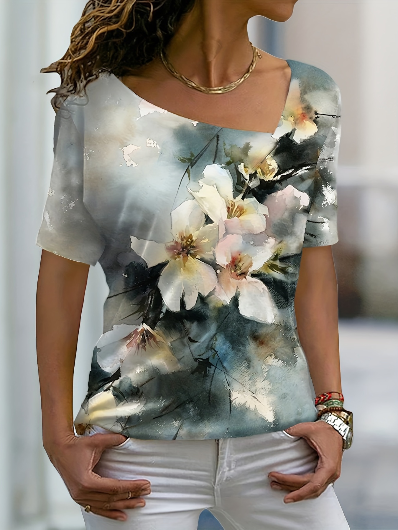 Flower Print V Neck T Shirt for Women | Shop Summer T Shirts Tops