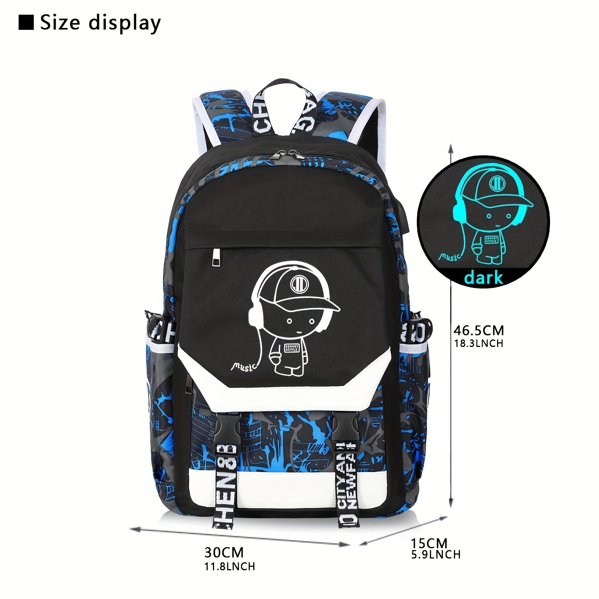 1pc Glow In The Dark Backpack Printed Graffiti Bag Large Capacity