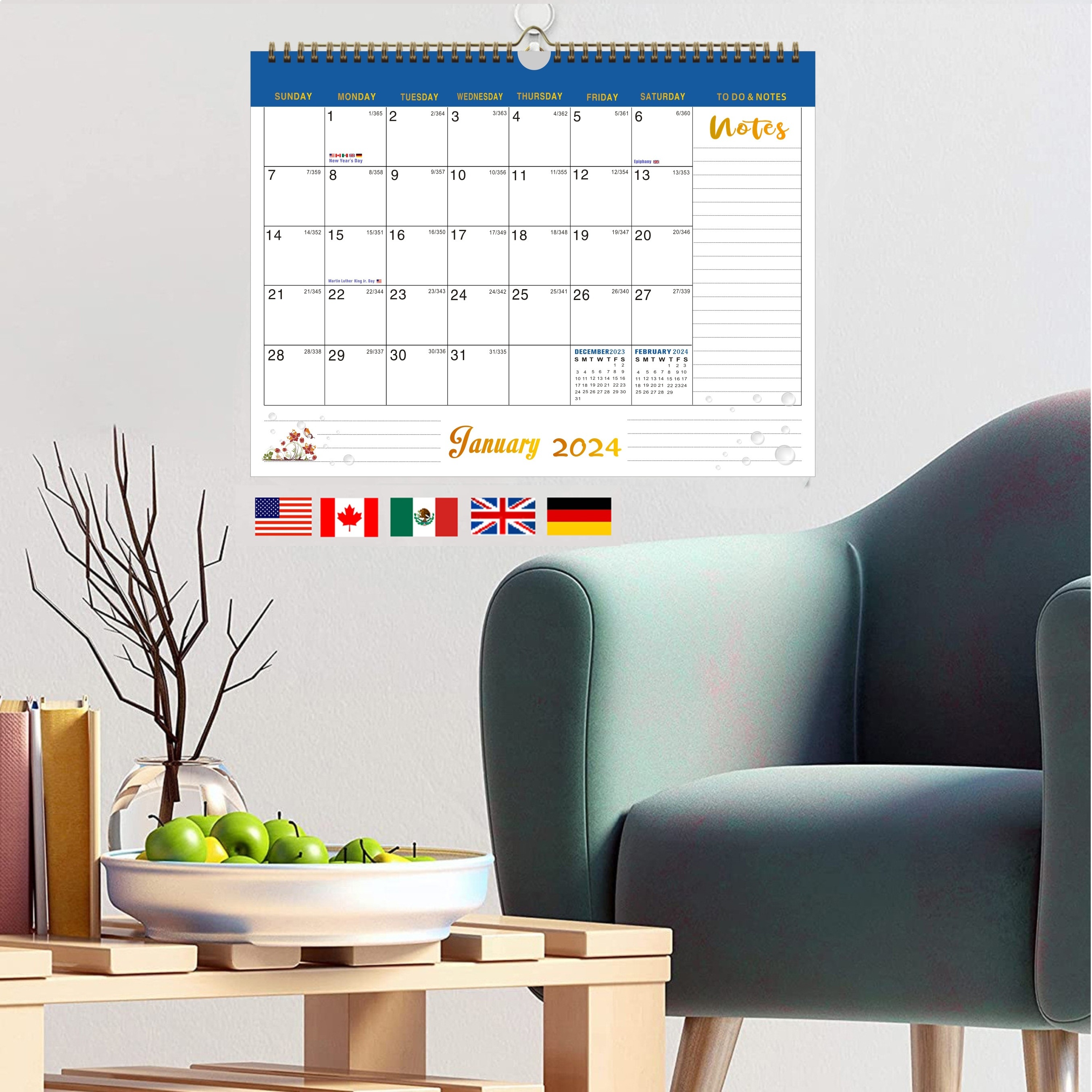  Calendario 2024 – Calendario de pared 2024, septiembre 2023 –  diciembre 2024, calendario de pared 2023-2024, calendario de 16 meses, 15 x  11.5 pulgadas, encuadernación de doble alambre + gancho para : Productos de  Oficina