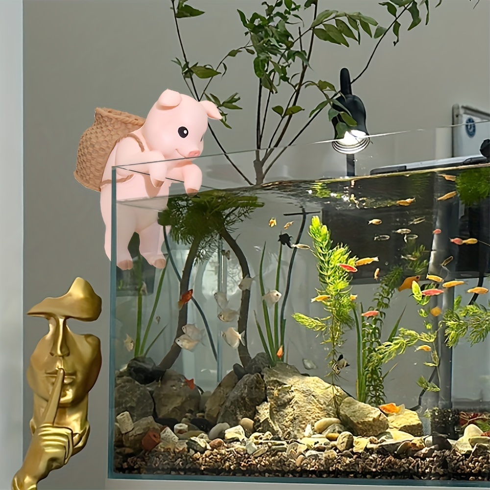 1pc Fish Tank Landscaping, Little Pig Backpack Tank Edge Hanging Pendant,  Aquarium Office Desk Creative Cute Decoration