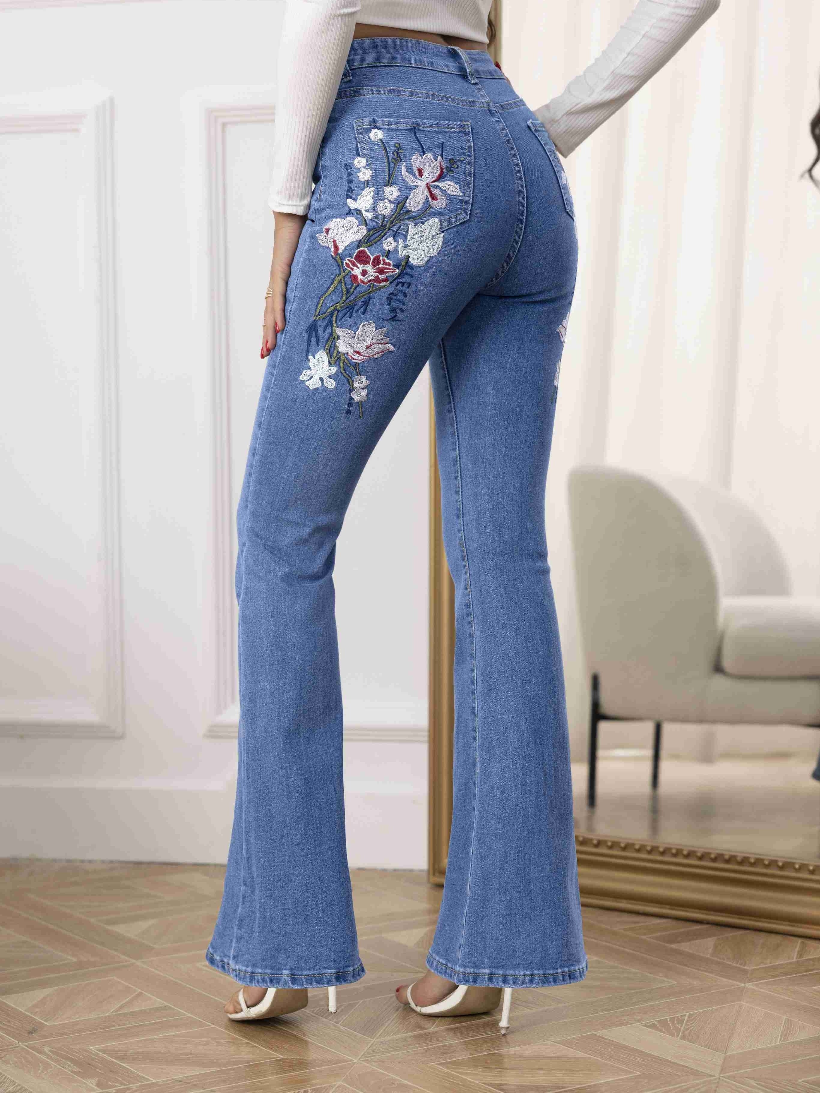 Floral Embroidery Stretchy Flare Leg Jeans, Medium Washed Blue Elegant Bell  Bottoms Denim Pants, Women's Denim Jeans & Clothing
