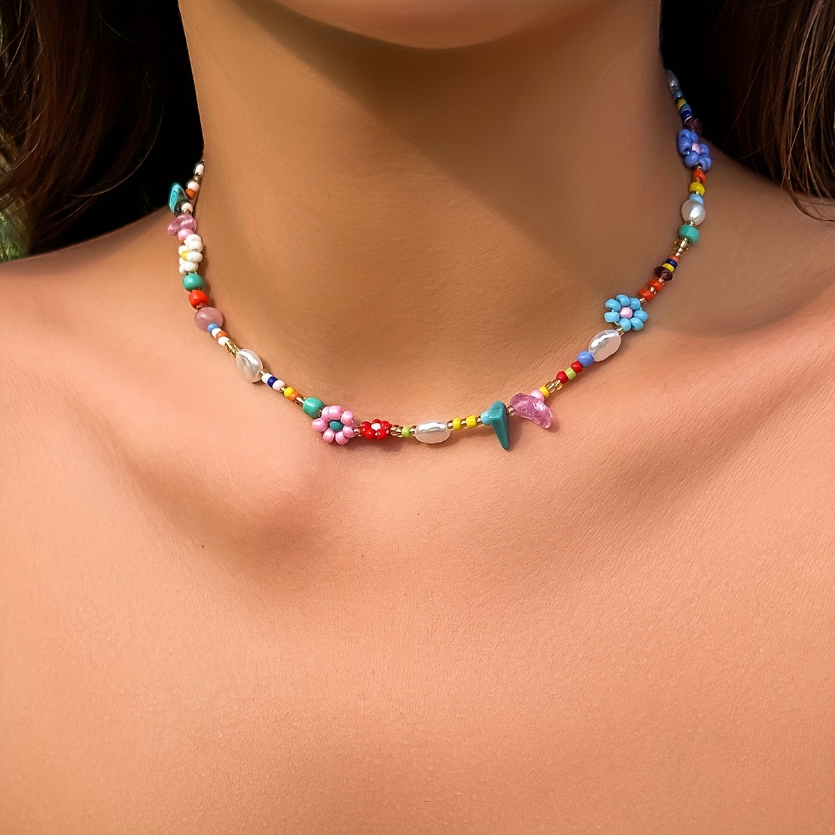 

Bohemian Colorful Rice Beads Handmade Braided Flower Pearl Irregular Pine Stone Beaded Short Necklace