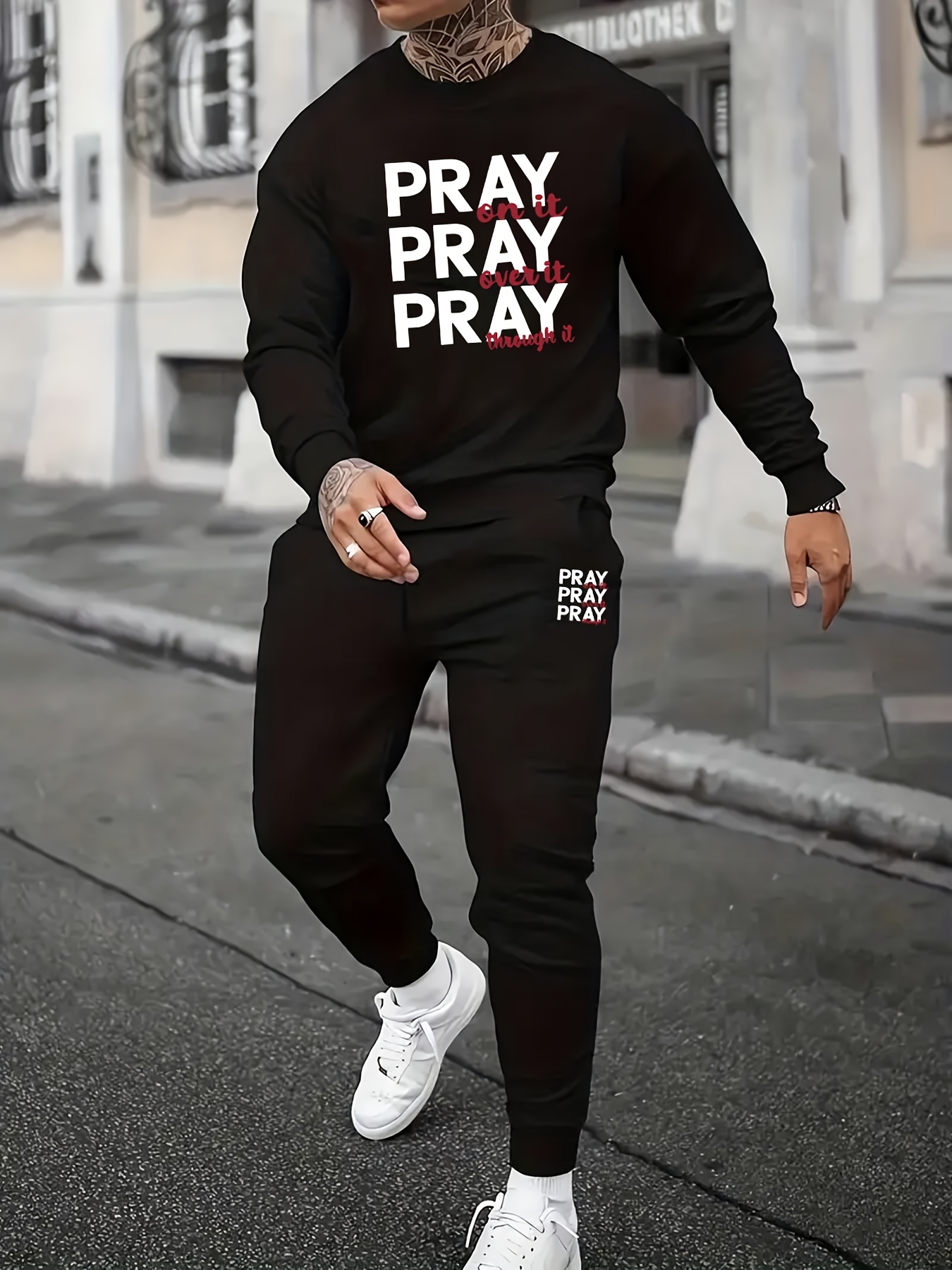 Casual, Men's Praying For Money Print Sweatshirt & Drawstring Sweatpants Matching  Set For Fall Winter - Temu United Arab Emirates