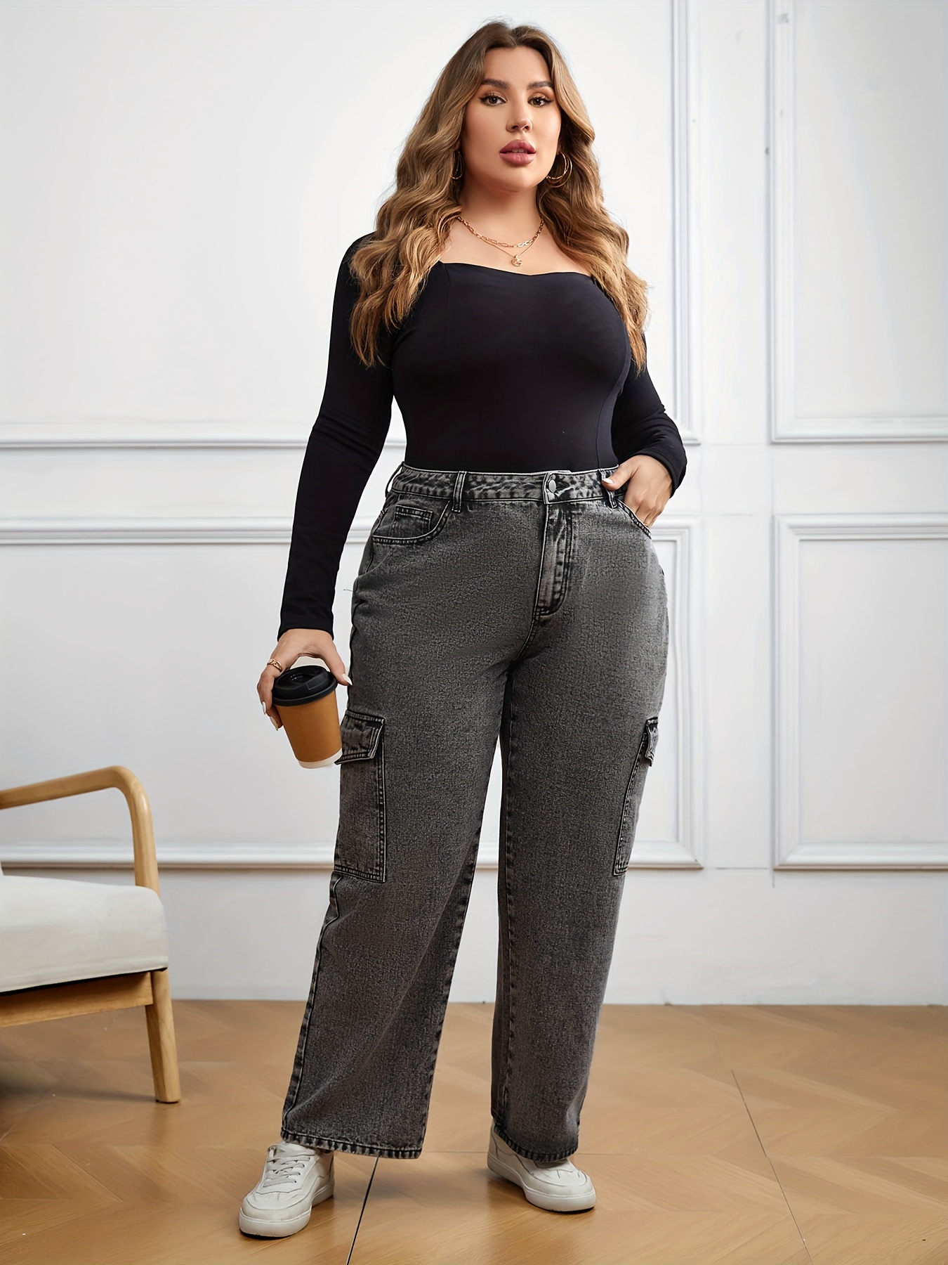 Plus Size Retro High Waisted Ripped Jeans Women Solid Color - Temu